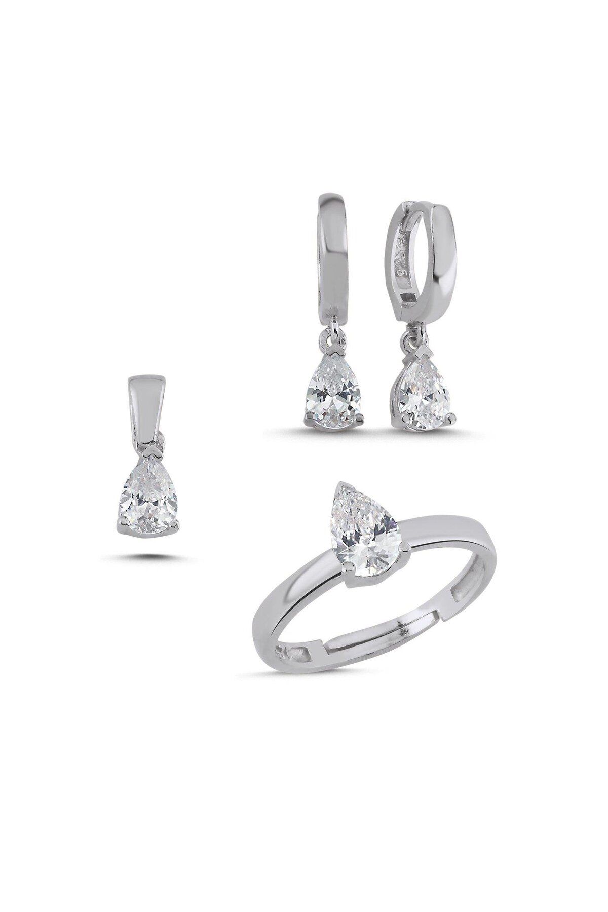 Ceyjewelry Tektaş Damla Zirkon Taşlı Ayarlanabilir Yüzük Boylu Set 925 Ayar