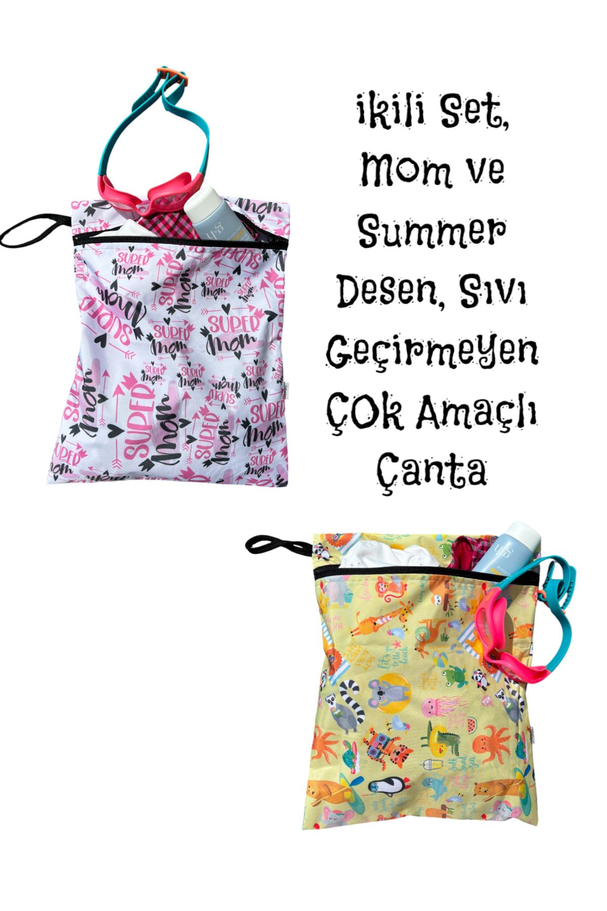 yorni 2 Adet, 37x30 cm, Mom ve Summer Desen, Sıvı Geçirmeyen Çok Amaçlı Çanta, Ekonomik Set, Yıkanabilir