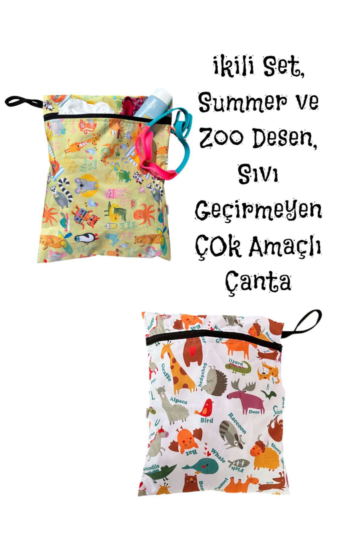 yorni 2 Adet, 37x30 cm, Summer ve Zoo Desen, Sıvı Geçirmeyen Çok Amaçlı Çanta, Ekonomik Set, Yıkanabilir