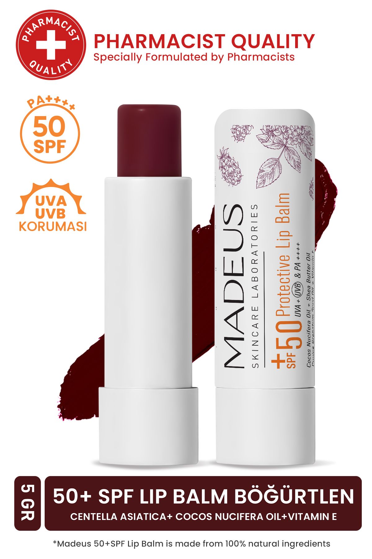 Madeus Skincare Laboratories Spf 50 Yoğun Nemlendirici Renkli Dudak Nemlendici Lip & Cheek Balm Böğürtlen 5 gr