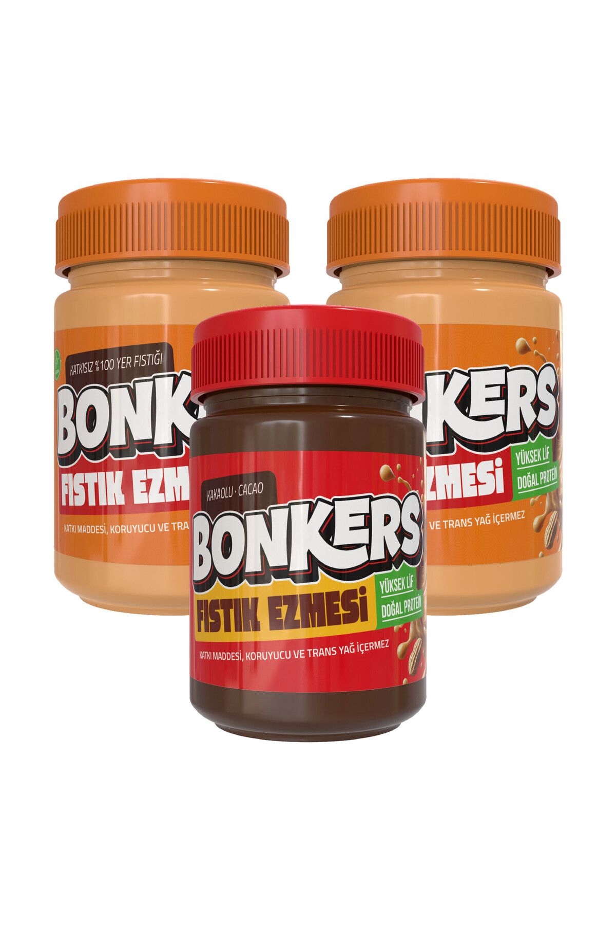 Bonkers Tanışma Paketi Sade Fıstık Ezmesi + Kakaolu Fıstık Ezmesi + Ballı Fıstık Ezmesi 315 gr