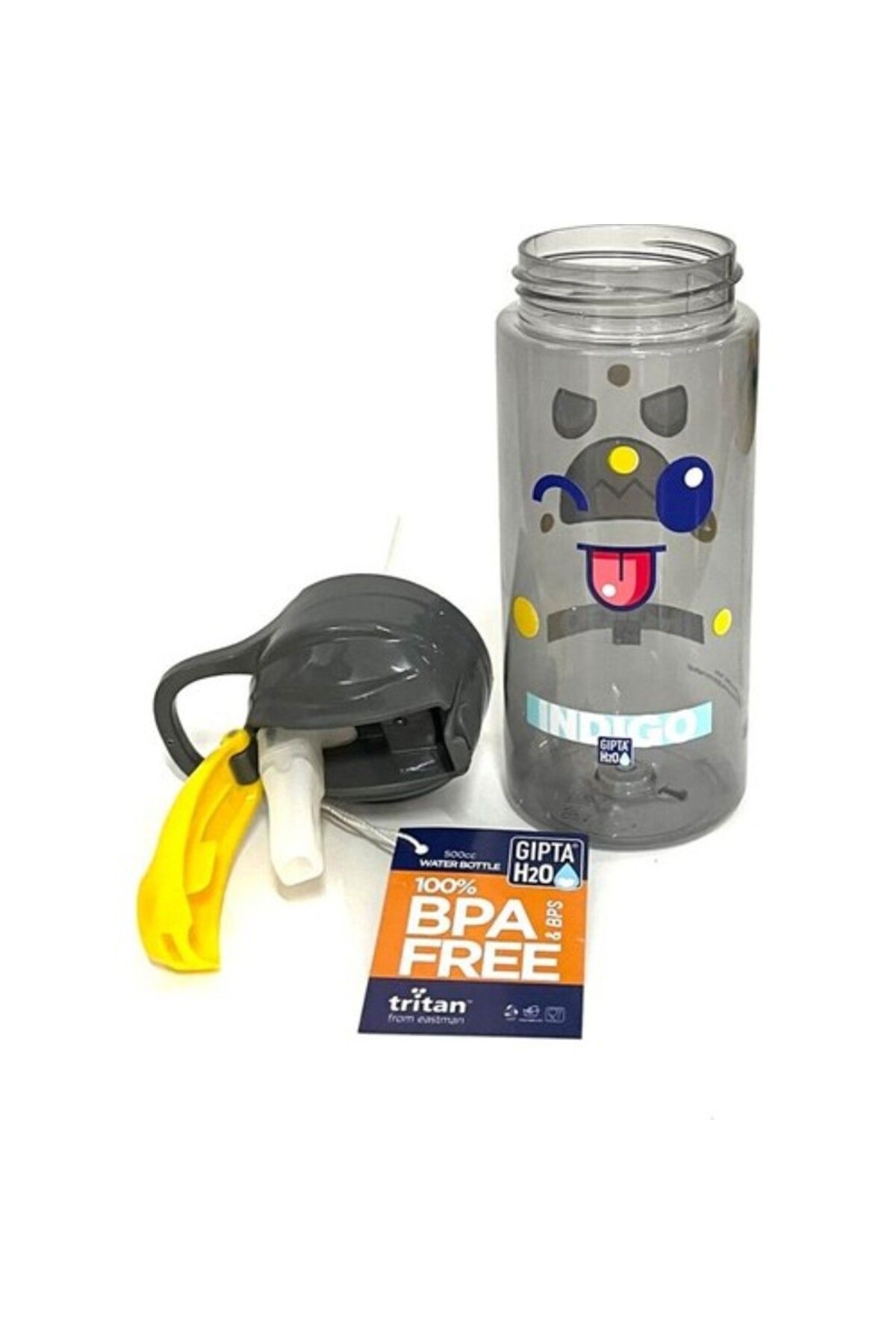 Gıpta-500 ml Gray Indigo Tritan Patterned Flask with Straw - Yellow 3