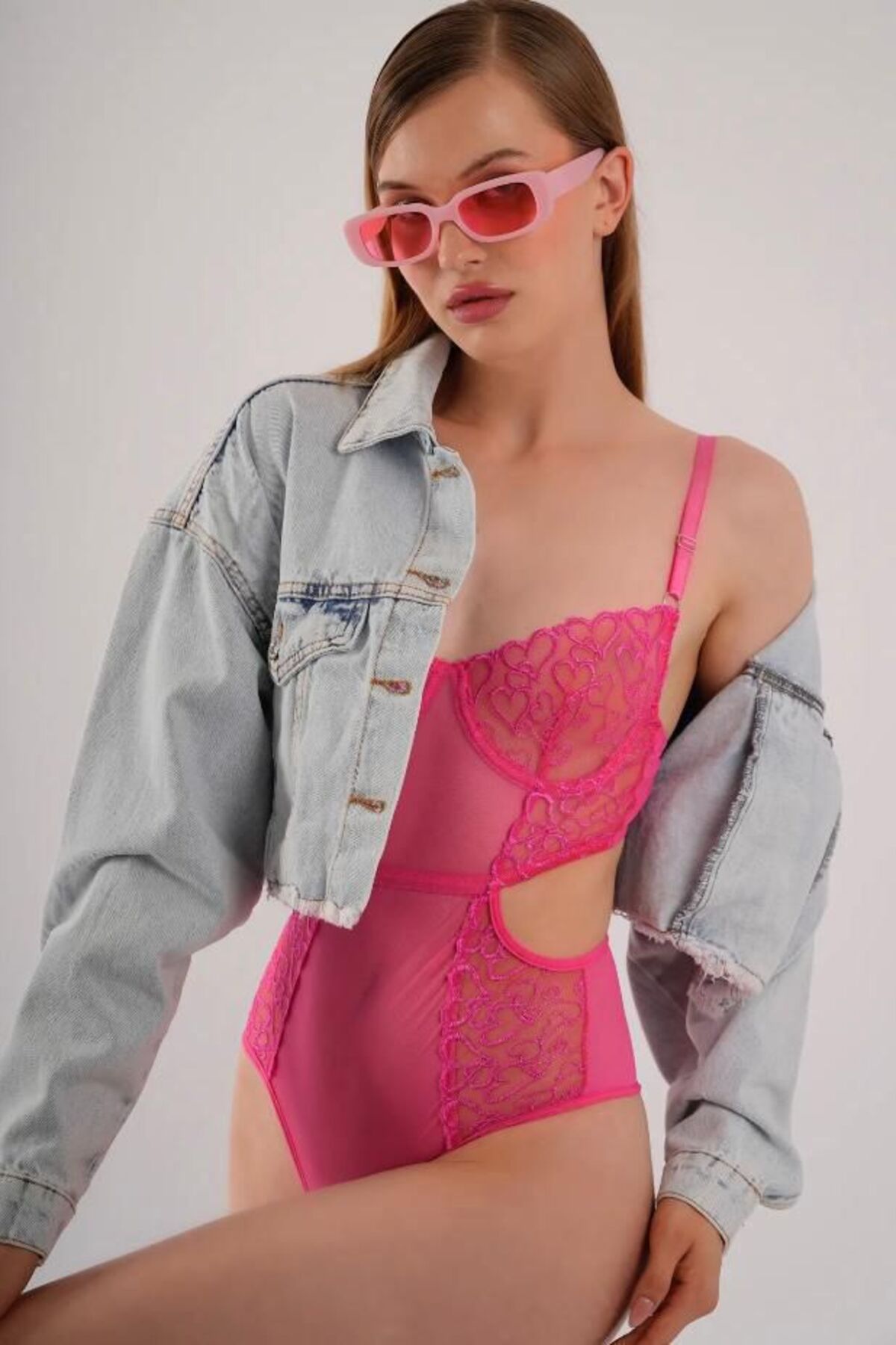 Brode Fuşya Pembe Kalpli Pinterest Bodysuit