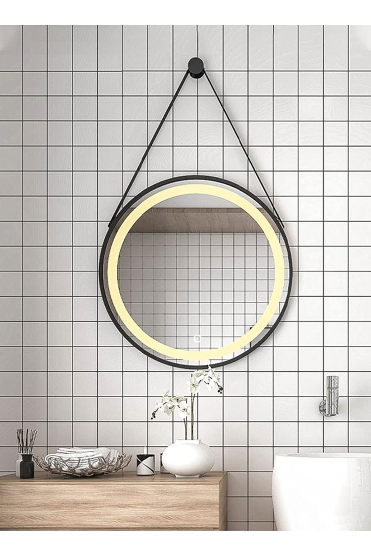 Taimi-Round Mirror Black 70cm With Strap 3 Lighting Modes And Smart Touch Button - Wired 3