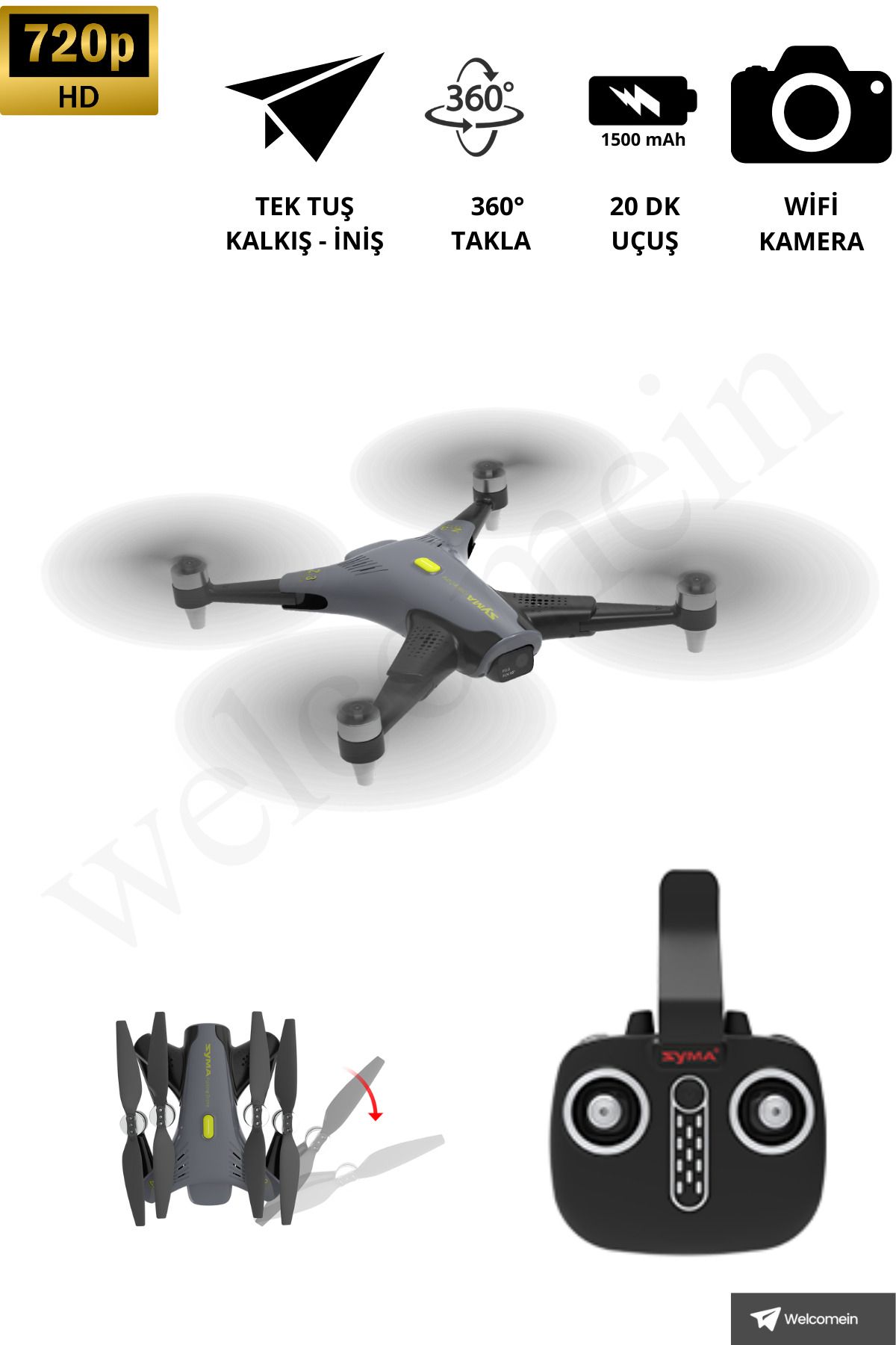 welcomein 720 P Kameralı Drone  20 Dk Uçuş Süreli 2.4 GHz Katlanabilir 1500 mAh Bataryalı Telefon Kontrollü