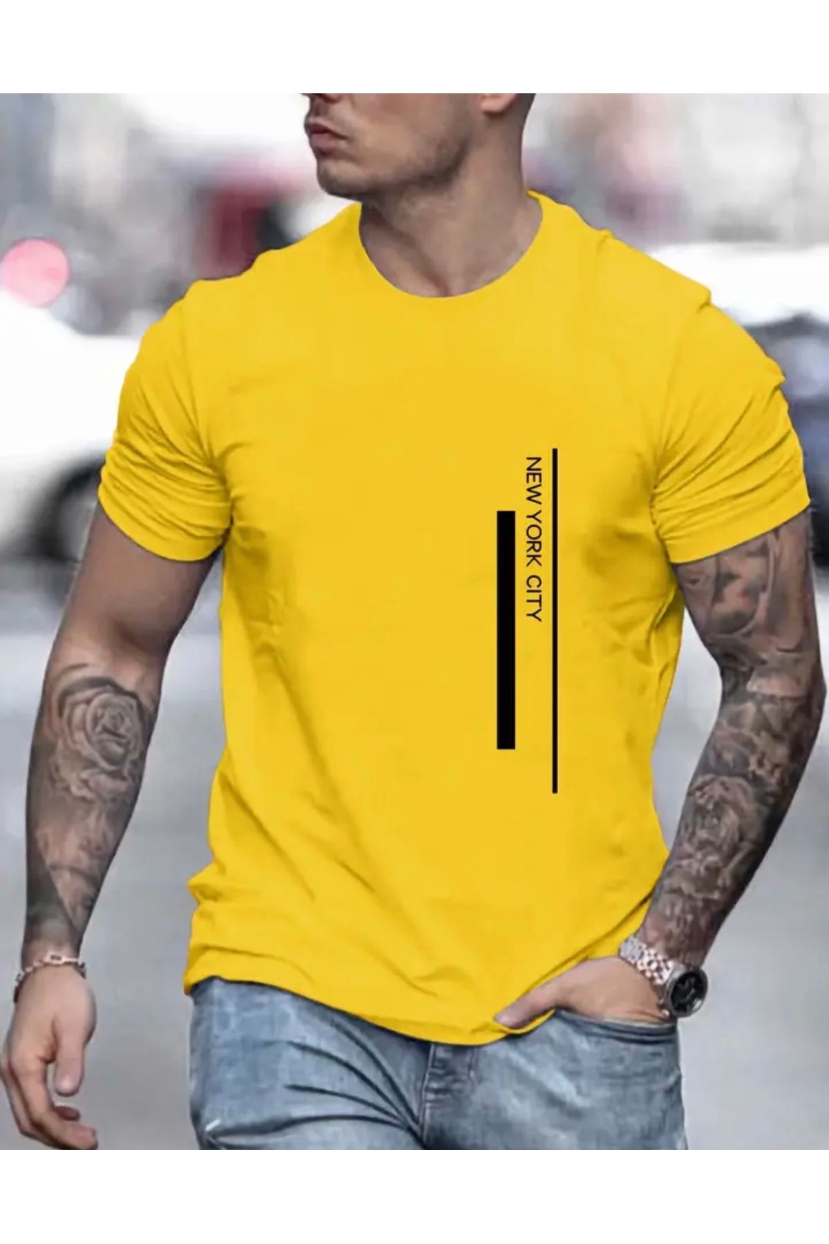 AMOR FACE Büyük Beden Özel Tasarim New York City Baskili Ultra Hafi̇f Modern Battal Erkek T-shirt