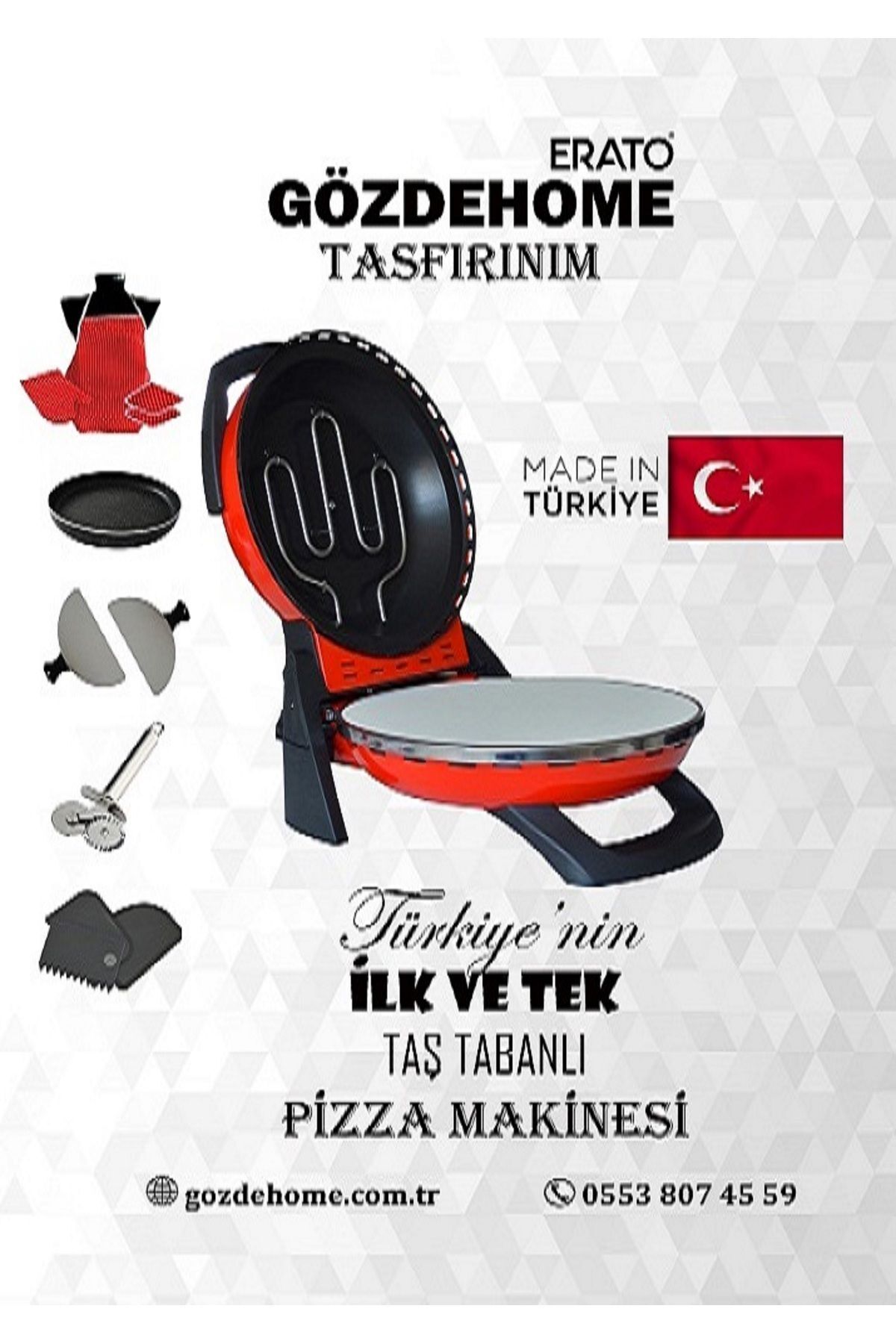 gözdehome Kırmızı Erato Taş Tabanlı Lahmacun Makinesi, Pizza Makinesi Taş Fırın - Timer - 400 °c