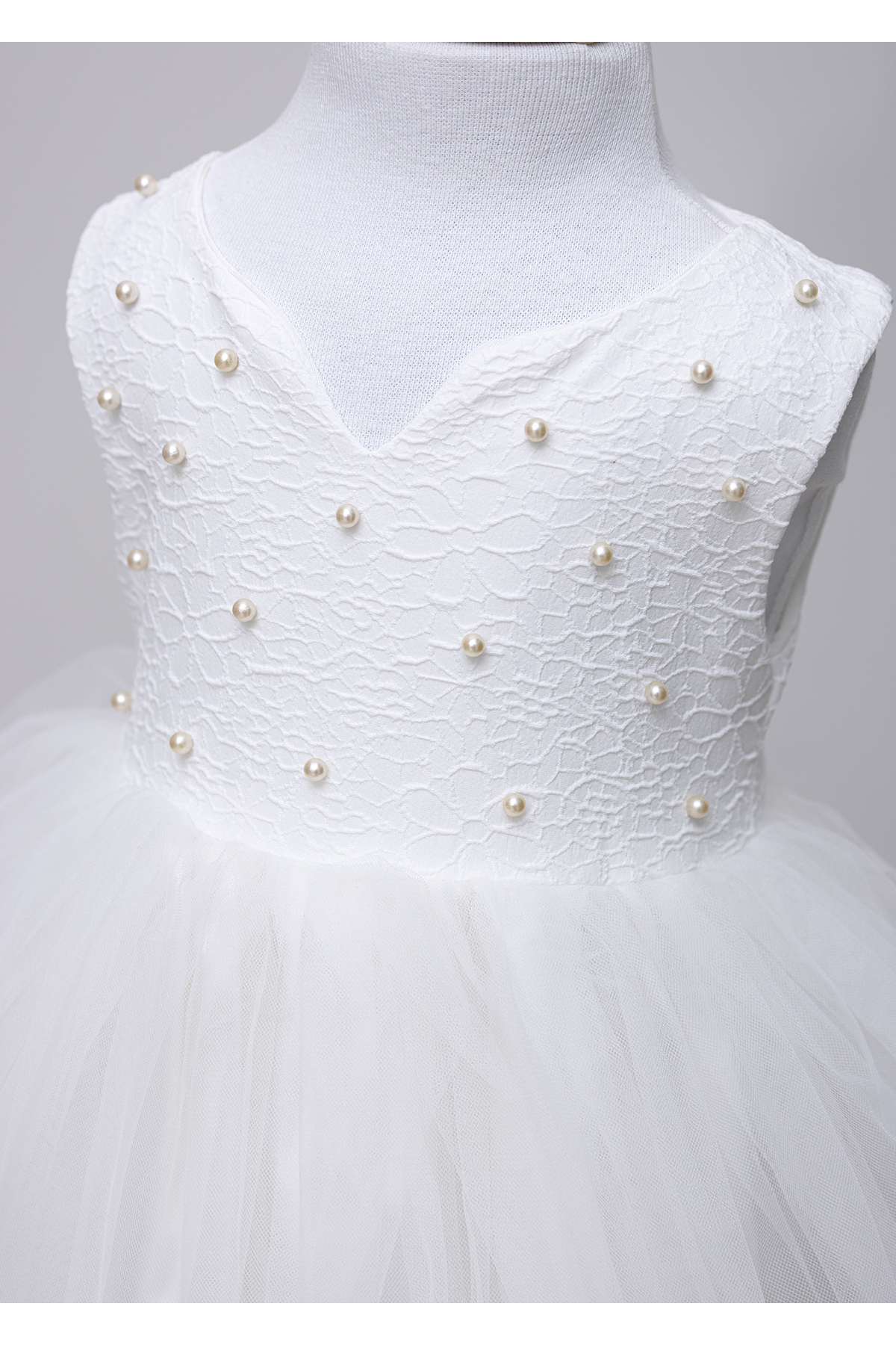Mika Bebek & Çocuk Beyaz Renkli İnci İşlemeli Kabarık Gelinlik Elbise fotoğrafı 4 (önizleme)
