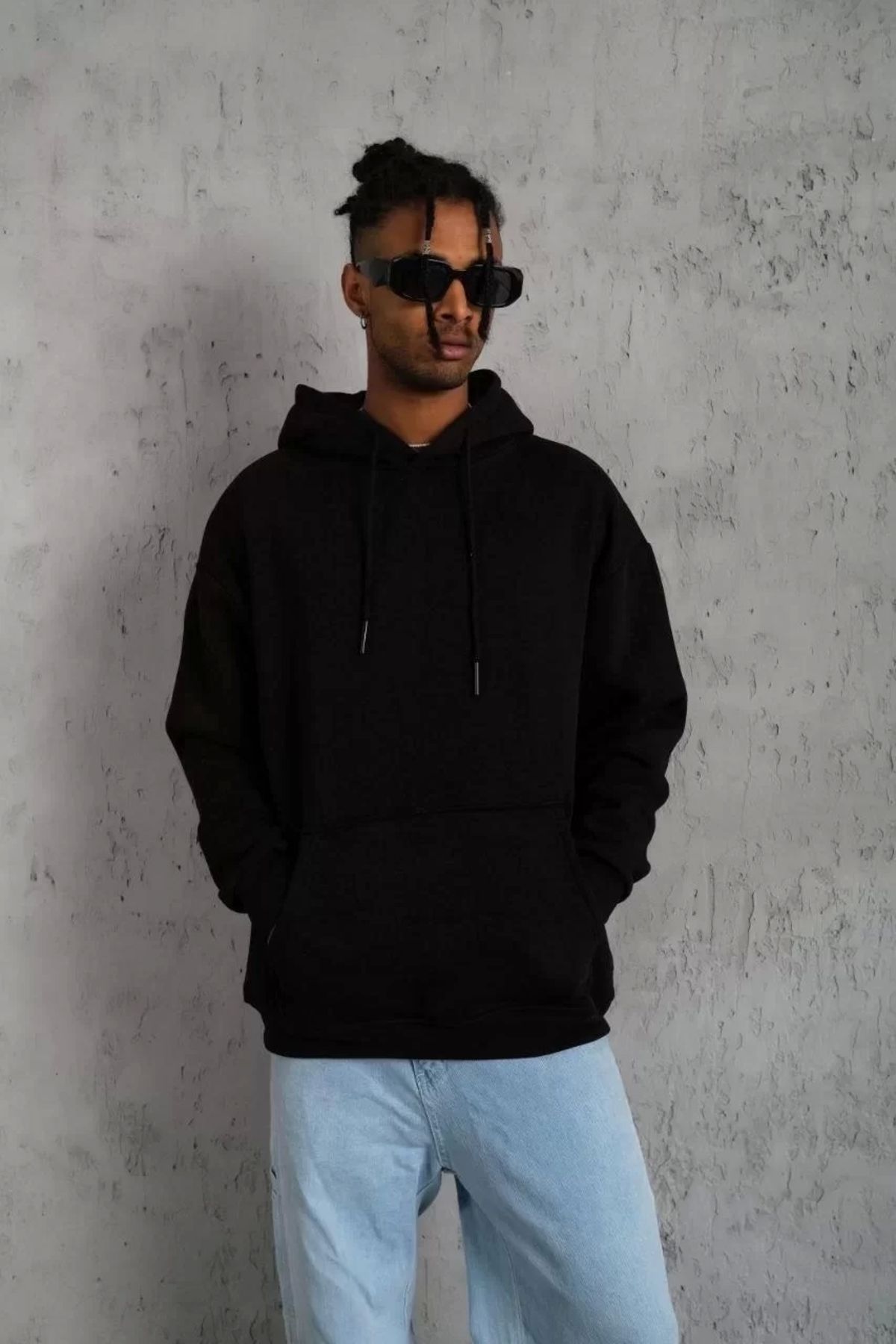 AE Stil Erkek Düz Kapüşonlu Sweat - Siyah