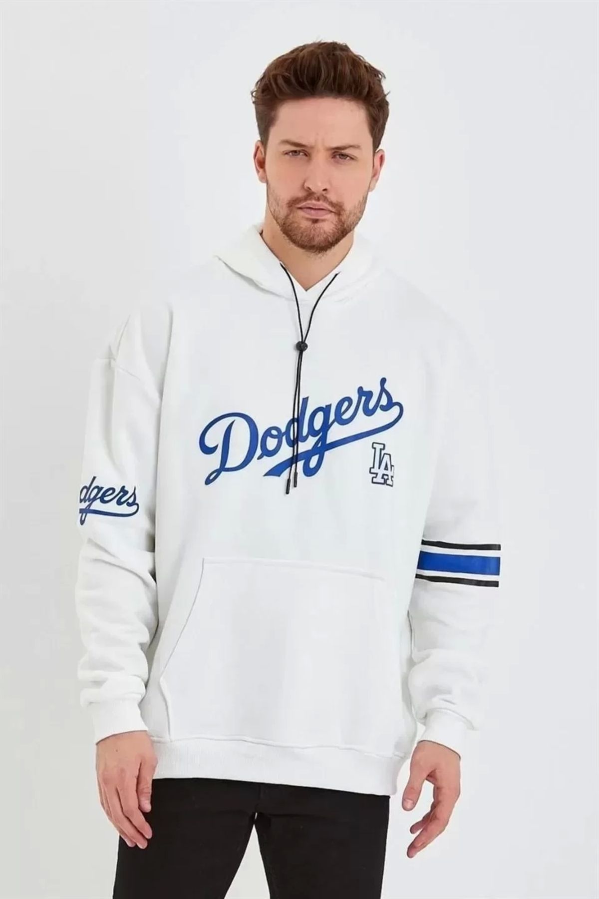 AE Stil Erkek Baskılı Kapüşonlu Üç İplik Oversize Sweatshirt - Beyaz