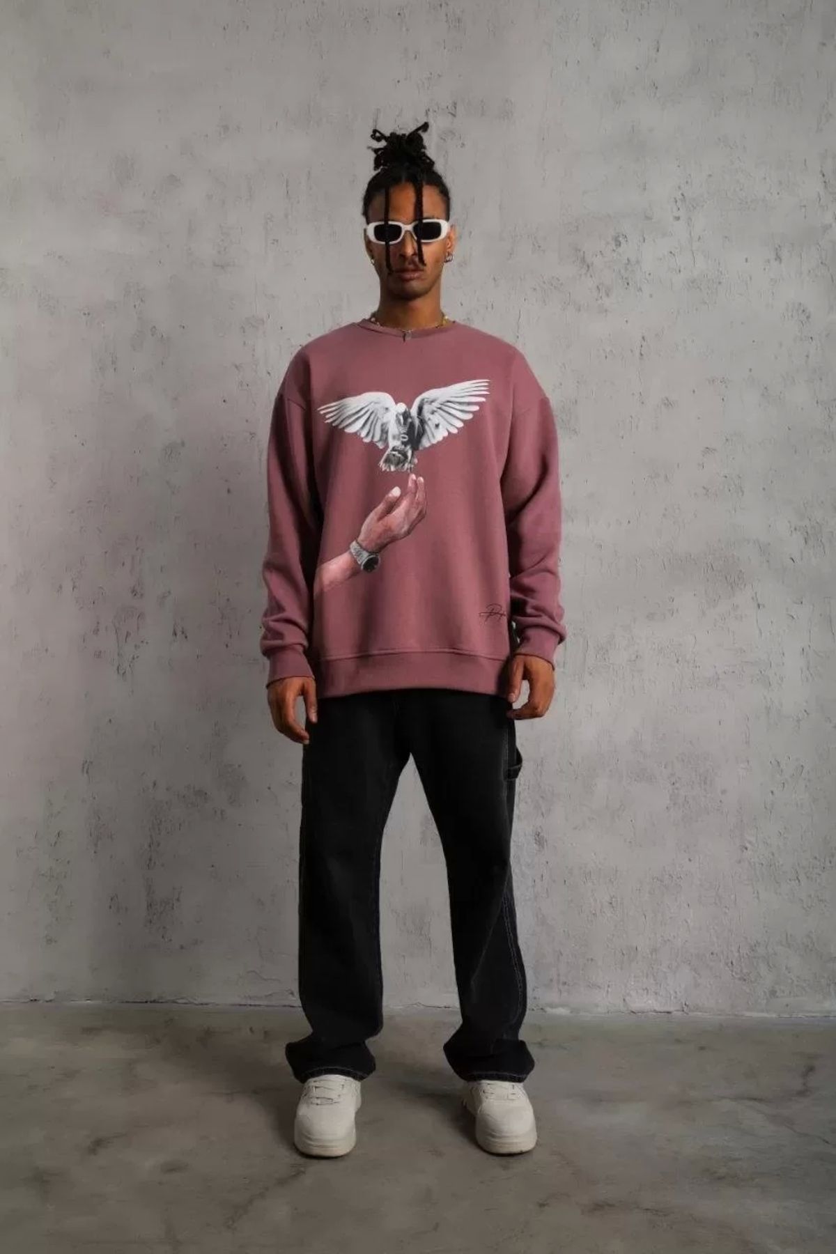 AE Stil Erkek Güvercin Baskılı Sweatshirt - Gül Kurusu