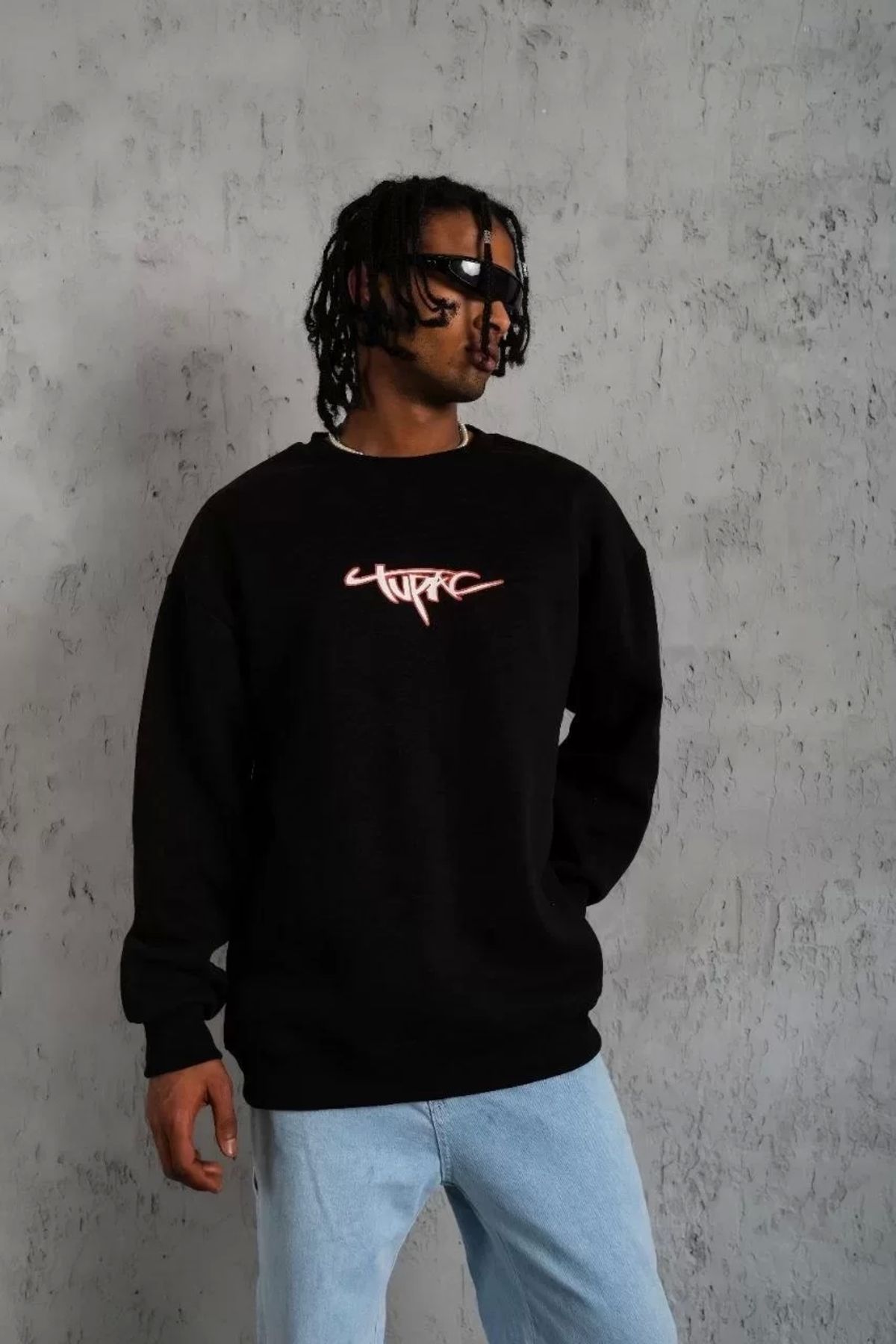 AE Stil Erkek 3 İplik Gangster Baskılı Sweatshirt - Siyah
