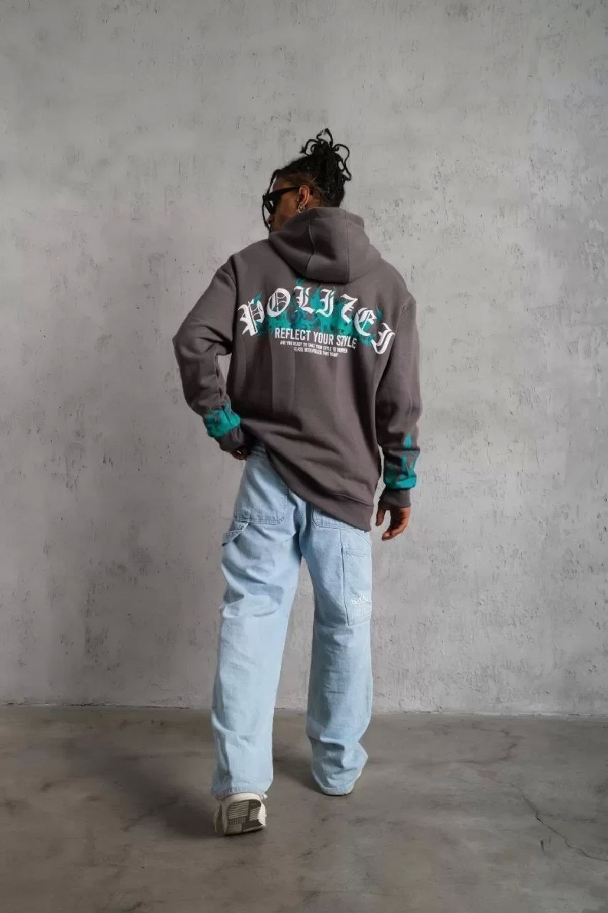 AE Stil Erkek Üç İplik İçi Pamuklu Alev Baskılı Kapüşonlu Sweatshirt - Gri