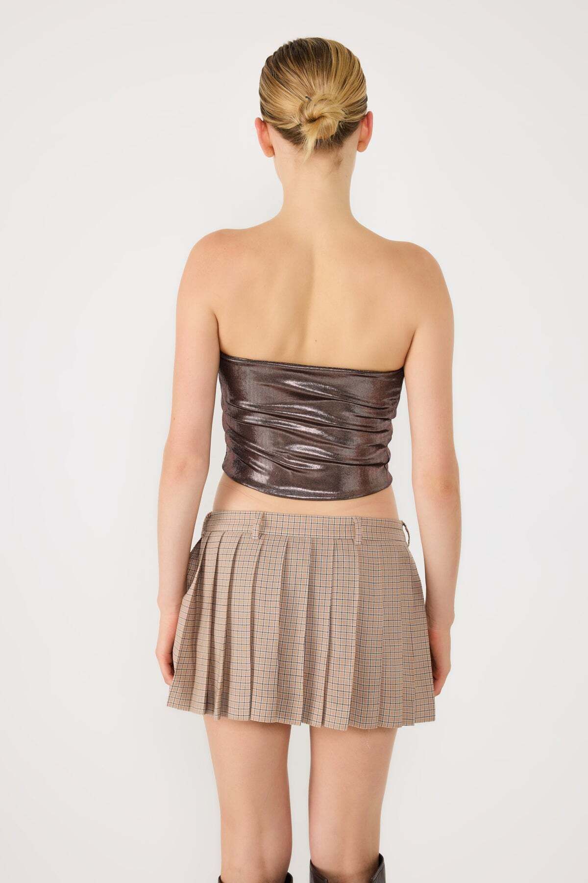 No Matter What-Brown Shiny Fabric Strapless Crop Top 5