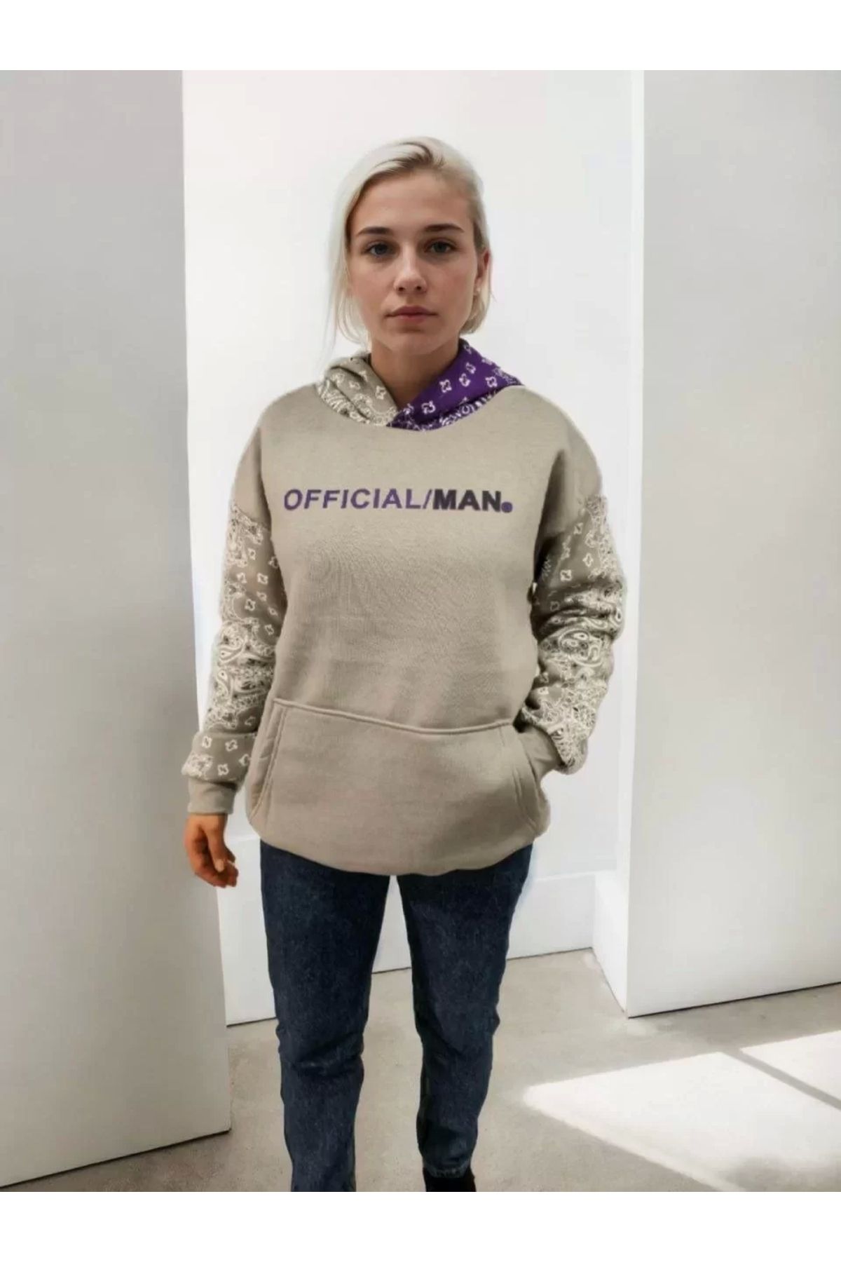 AE Stil Kadın Baskılı Kapüşonlu Sweatshirt - Gri