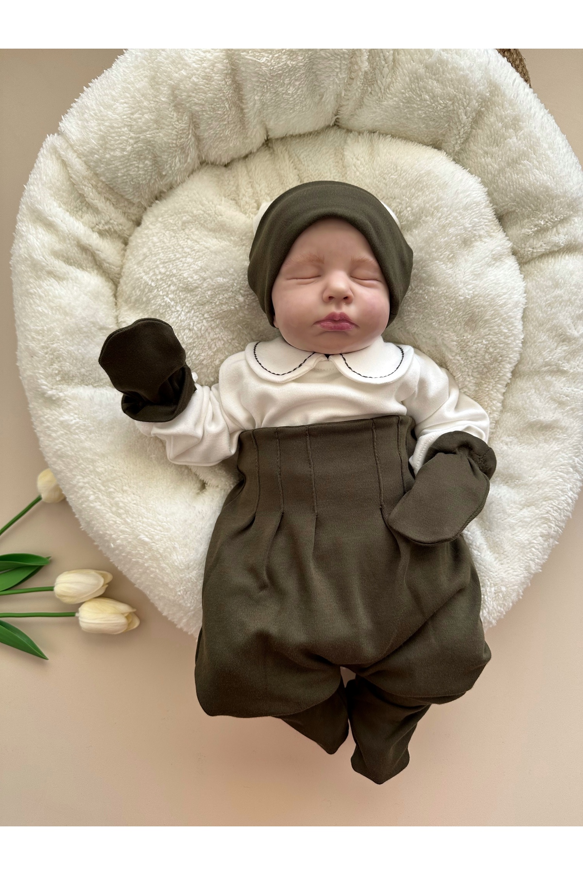 Mama Miel Baby Haki Hastane Çıkışı Set (Body, Pantolon, Bere, Eldiven) fotoğrafı 4 (önizleme)