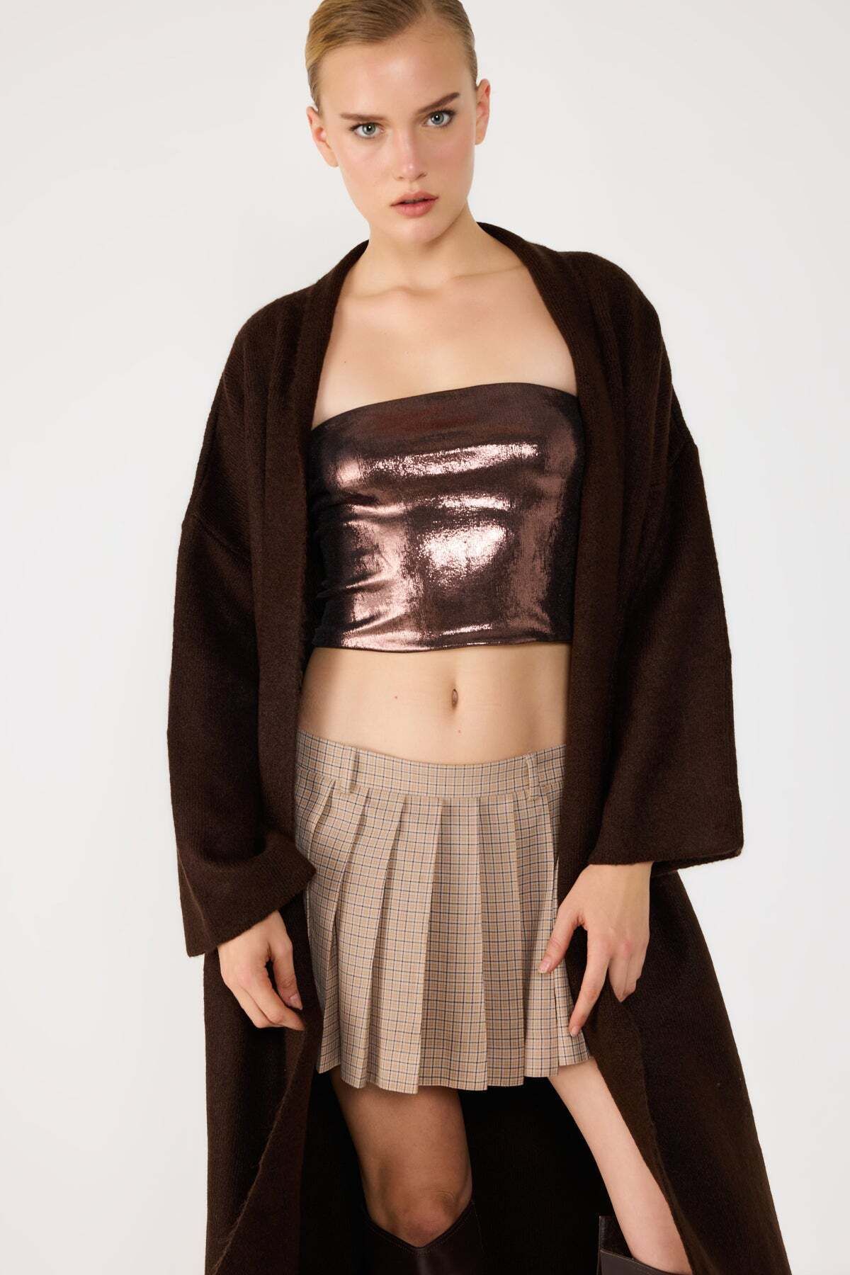 No Matter What-Brown Shiny Fabric Strapless Crop Top 2