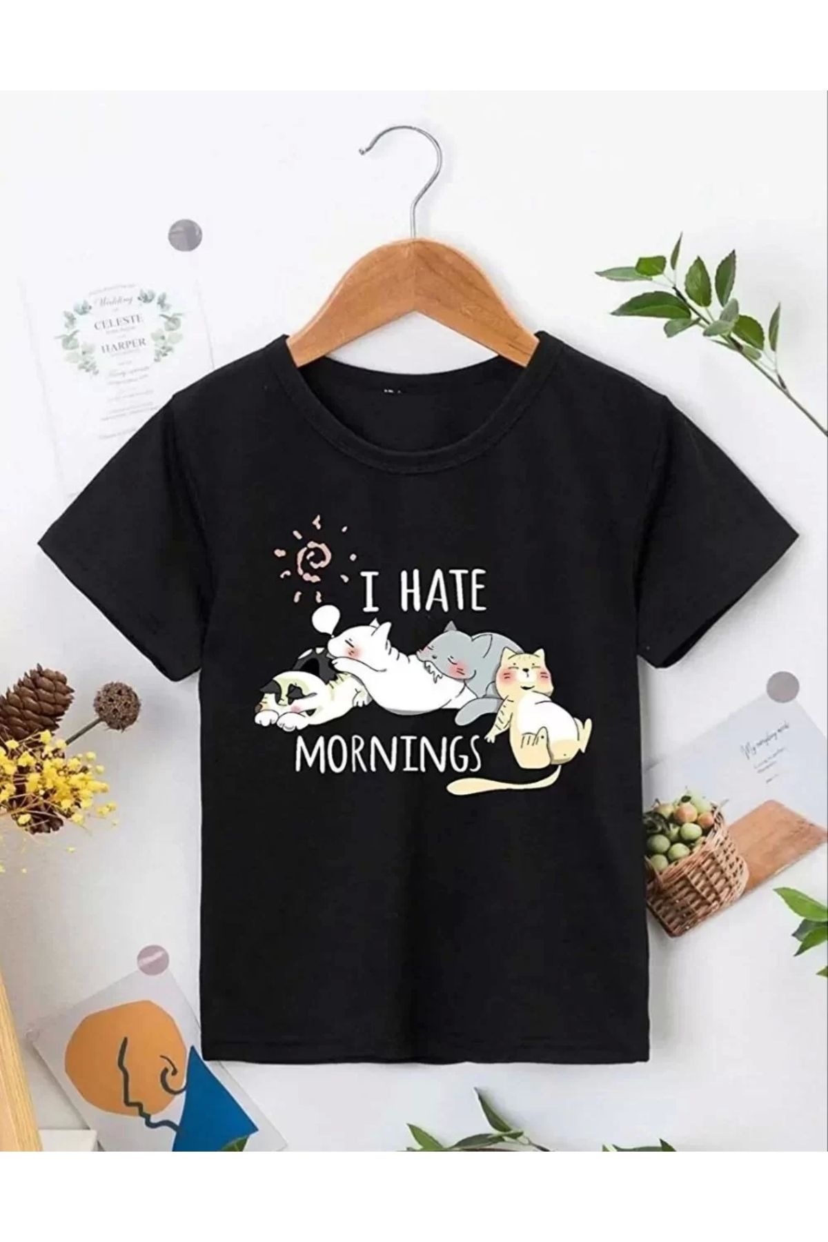 AE Stil Kız Çocuk Bisiklet Yaka Baskılı T-Shirt - Siyah