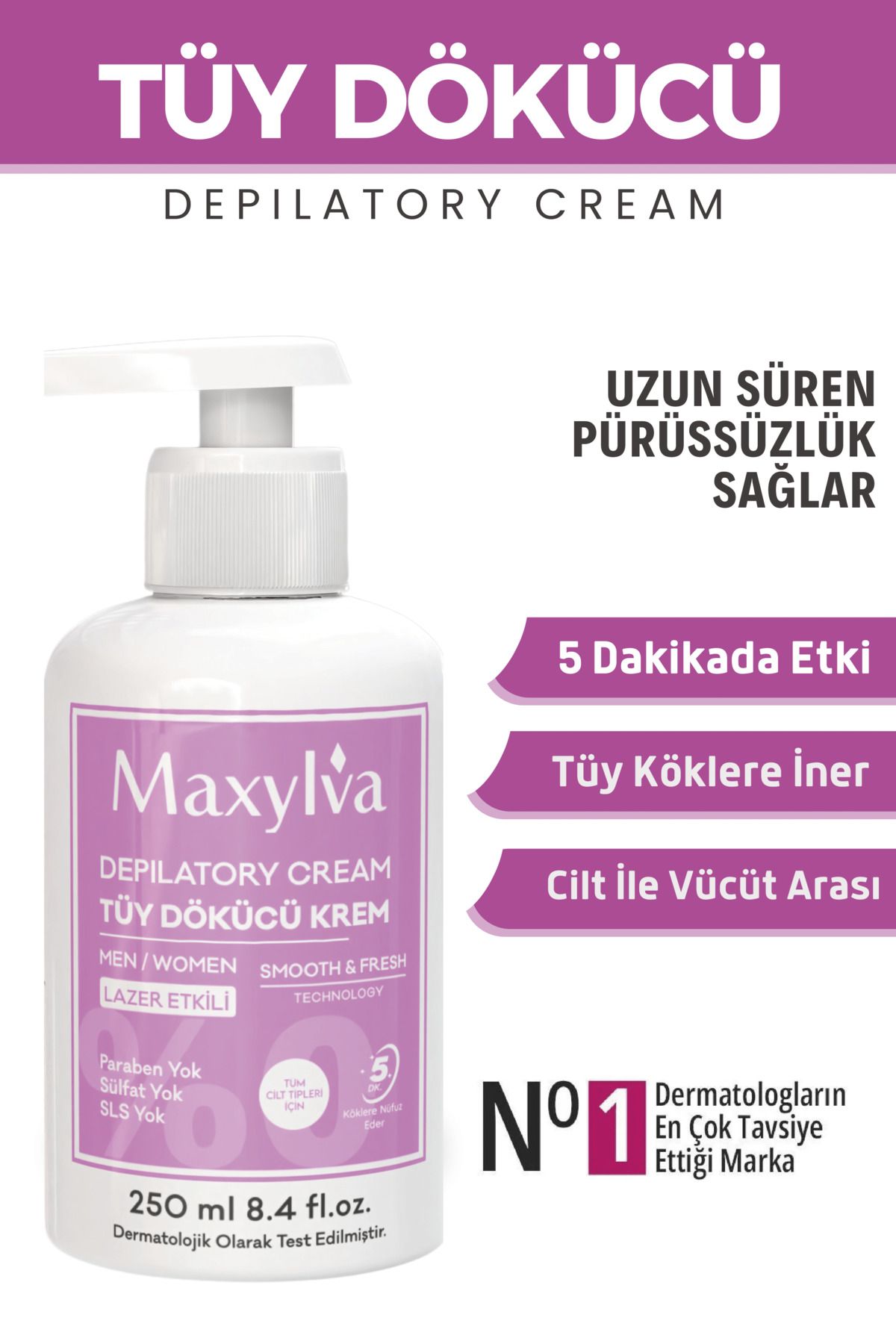 Maxylva Lazer Etkili Tüy Dökücü Ve Tüy Azaltıcı Epilasyon Krem Tüm Cilt Tipleri Için (ÖZEL FORMÜL) 250 ml