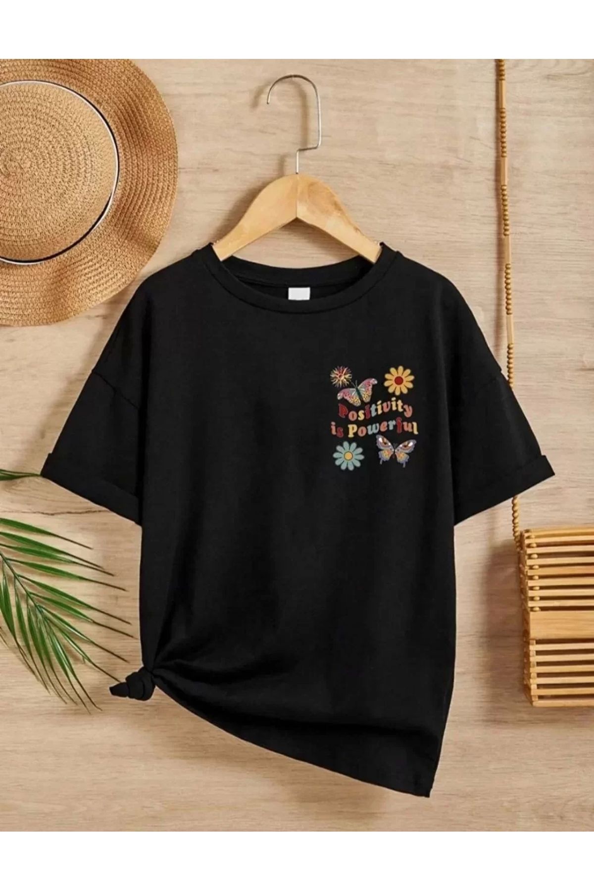 AE Stil Kız Çocuk Bisiklet Yaka Baskılı T-Shirt - Siyah
