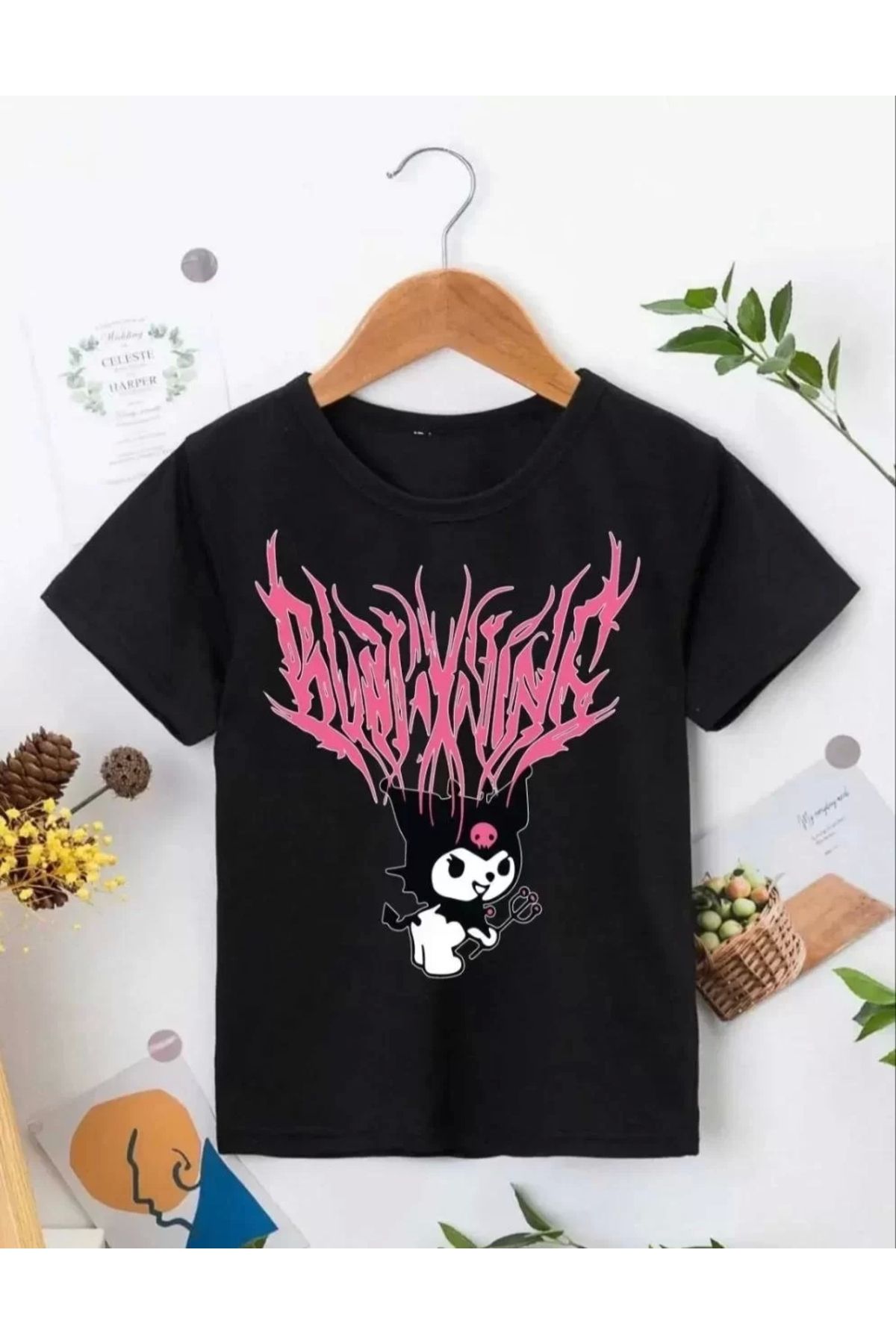 AE Stil Kız Çocuk Bisiklet Yaka Baskılı T-Shirt - Siyah