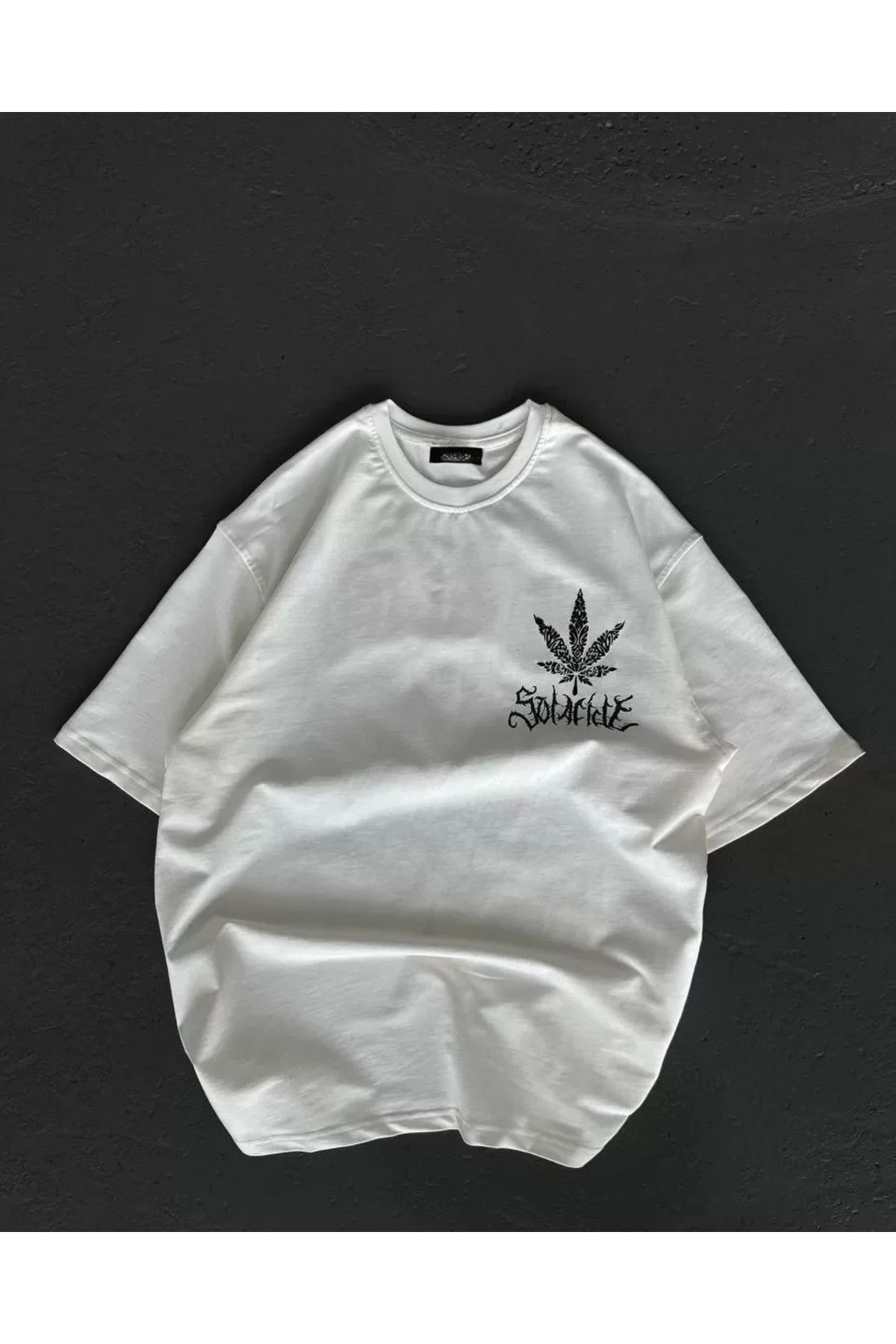 AE Stil Unisex Bisiklet Yaka Baskılı Oversize T-Shirt - Beyaz