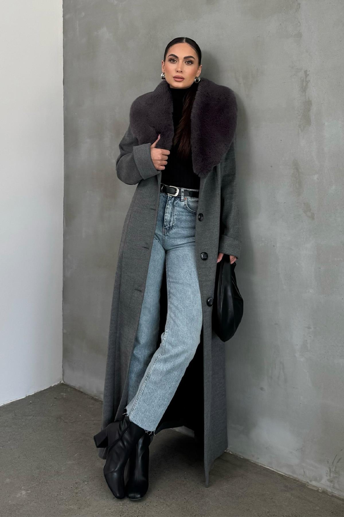 Olcay  Çıkabilen Kürklü Erkek Yaka Belden Kuşaklı Manto KOYU GRİ 3015-Y - Görsel 5