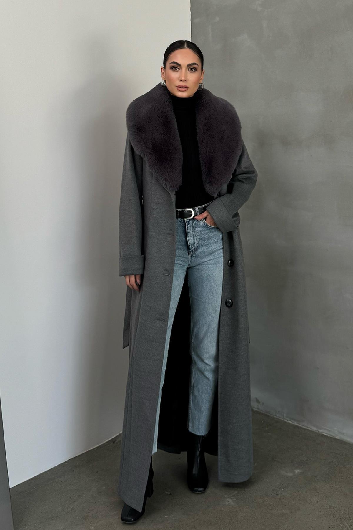 Olcay  Çıkabilen Kürklü Erkek Yaka Belden Kuşaklı Manto KOYU GRİ 3015-Y - Görsel 2