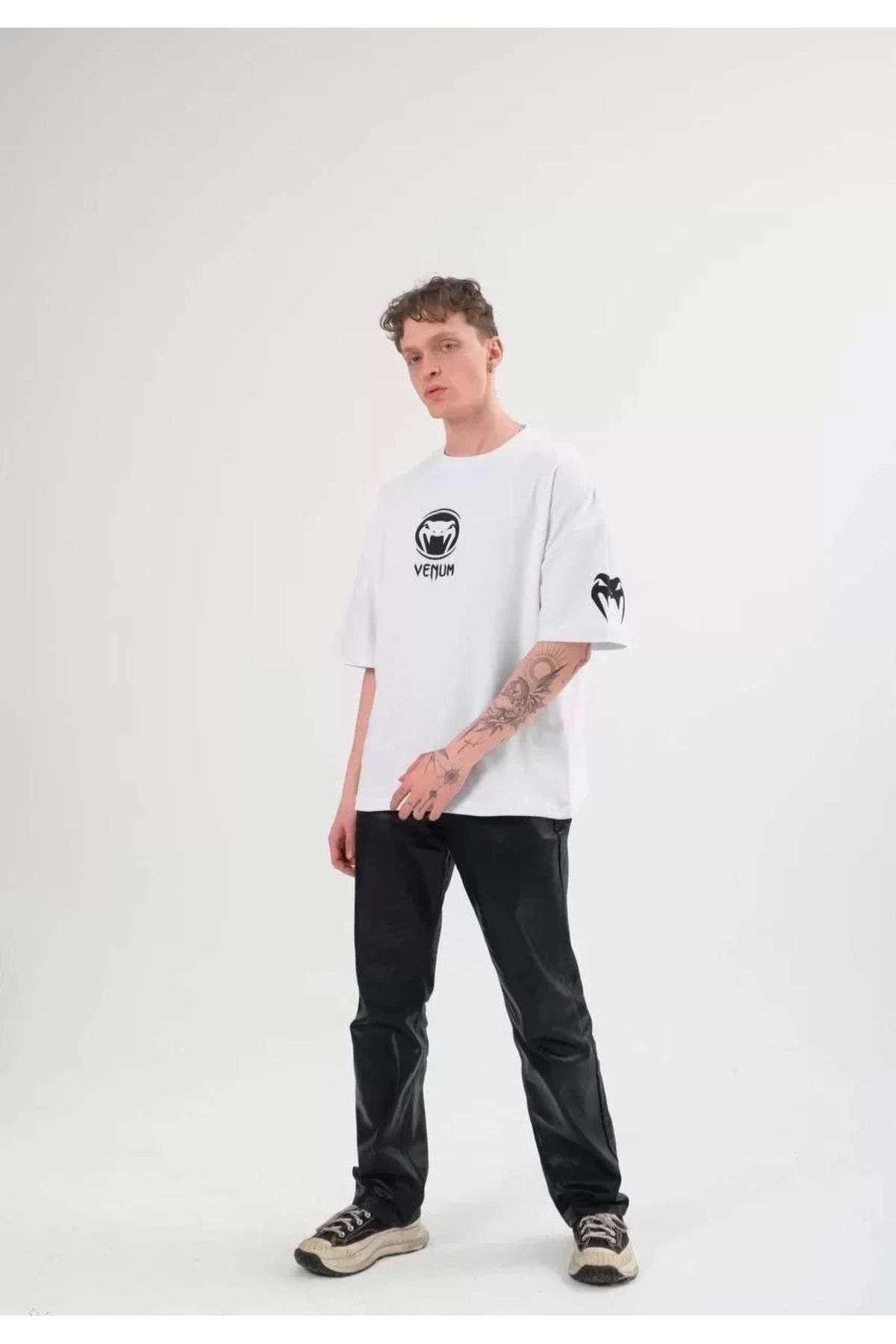 AE Stil Unisex Bisiklet Yaka Baskılı Oversize T-Shirt - Beyaz