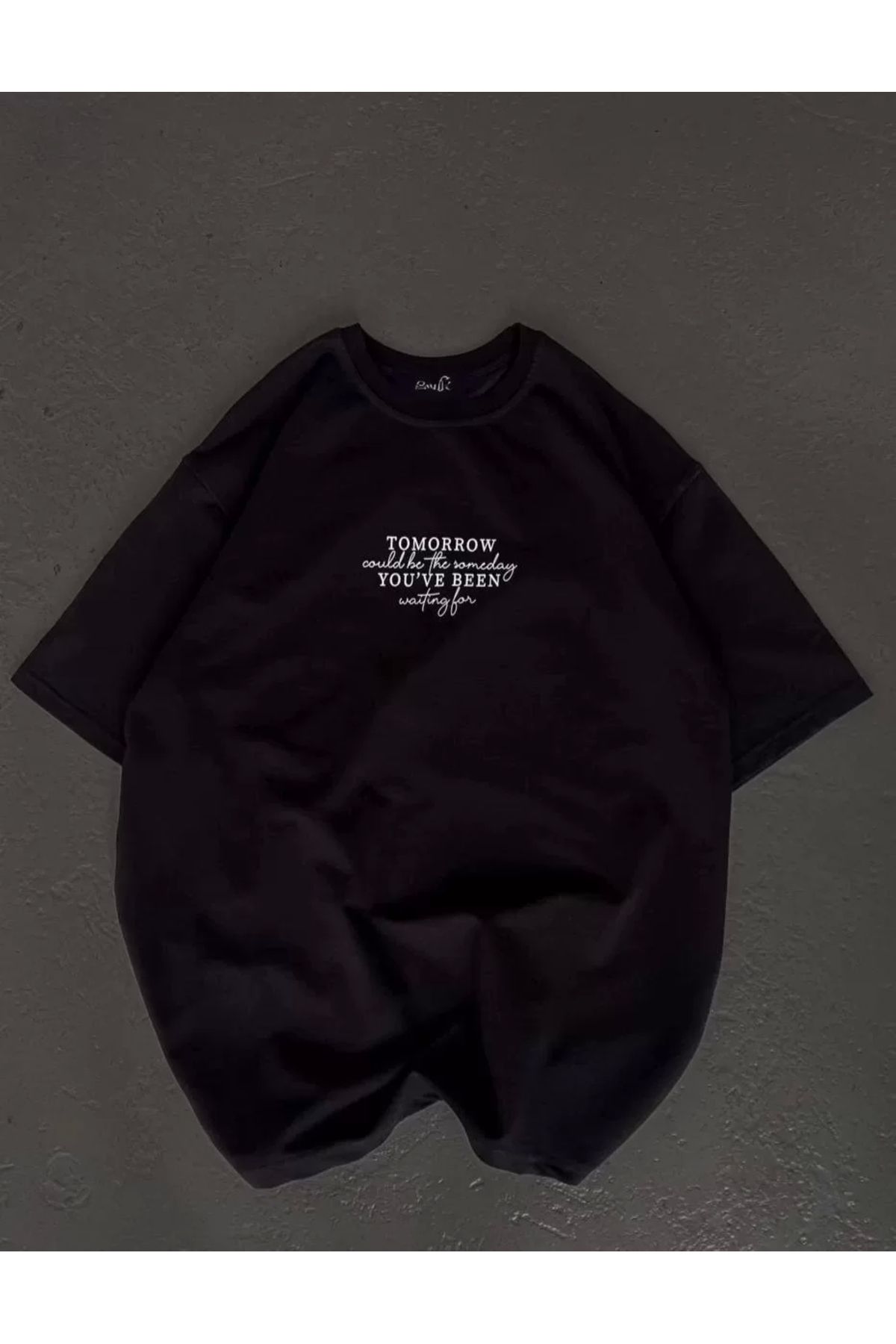 AE Stil Unisex Bisiklet Yaka Baskılı Oversize T-Shirt - Siyah