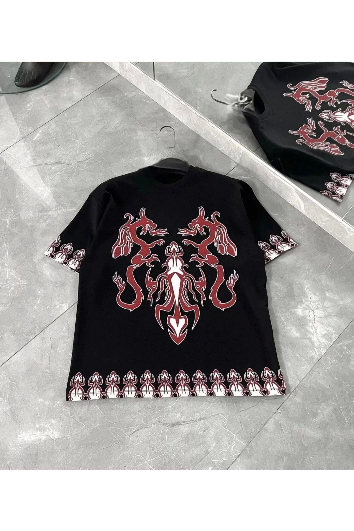 AE Stil Unisex Bisiklet Yaka Baskılı Oversize T-Shirt - Siyah