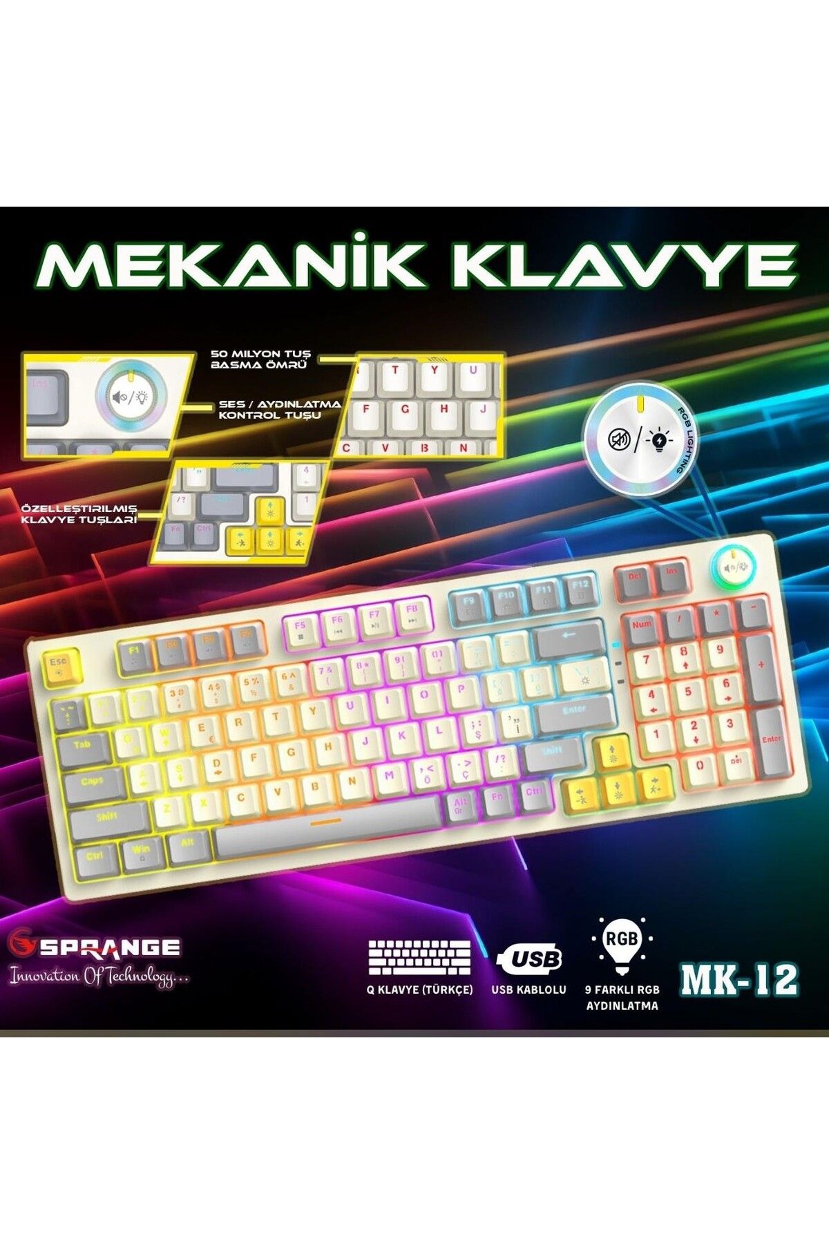 WASHA SPRANGE MK-12 Rainbow Q Klavye RGB Oyuncu Klavyesi Gaming Klavye Işıklı Kablolu Klavye