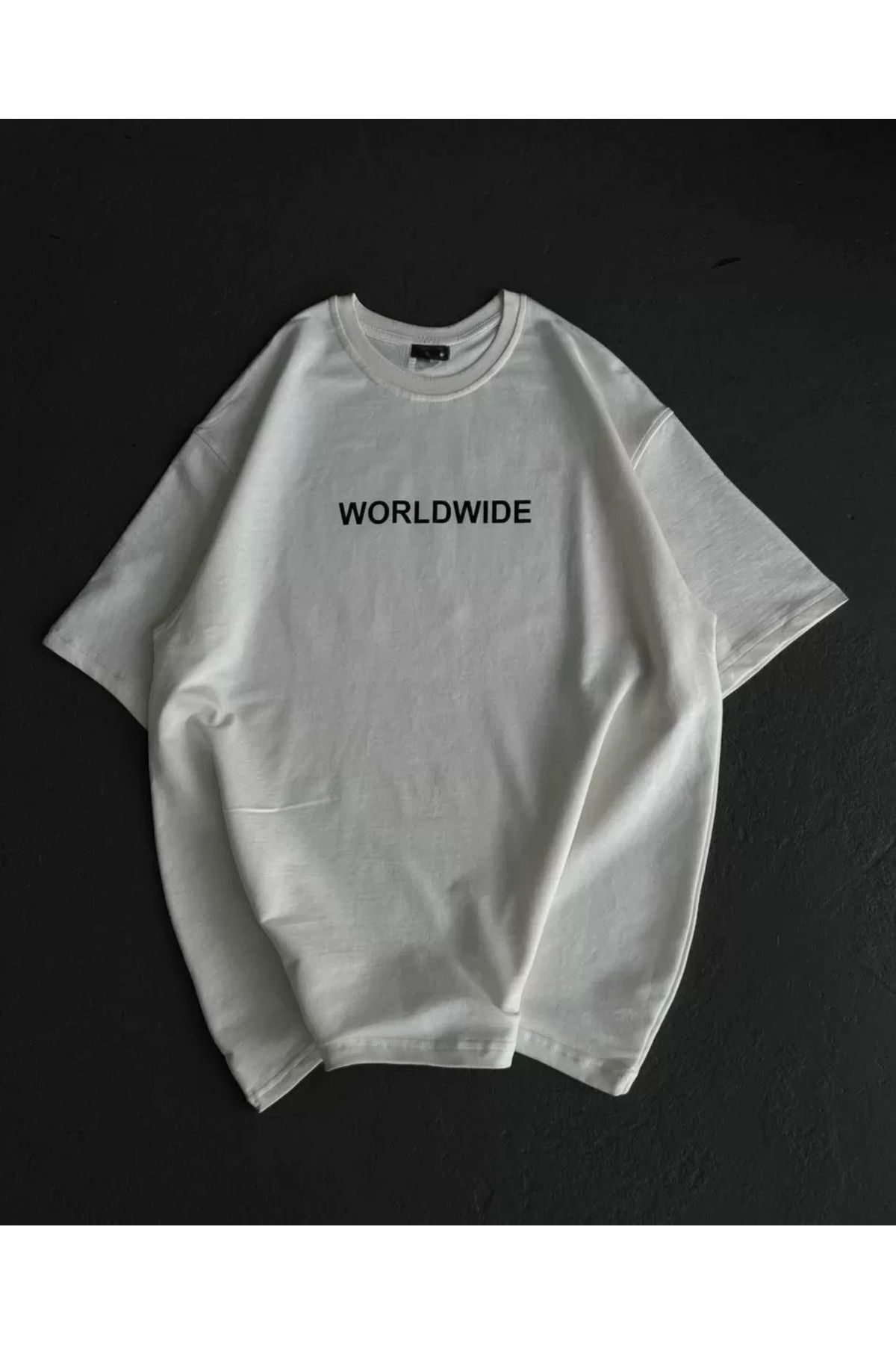 AE Stil Unisex Bisiklet Yaka Baskılı Oversize T-Shirt - Beyaz