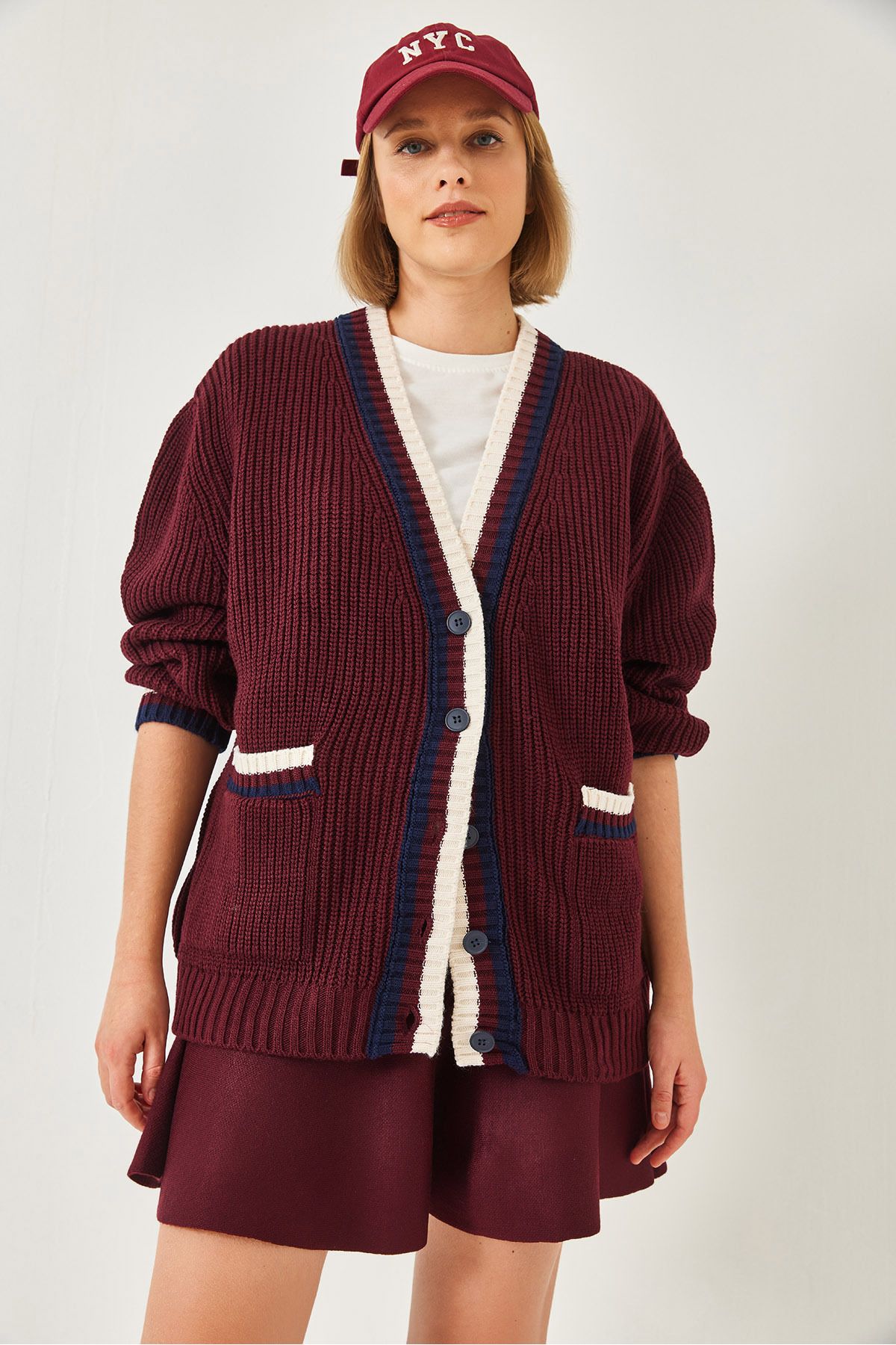 Bianco Lucci-Cardigan de buzunar cu dungi cu nasturi împletit de păr pentru femei 241143 60261326 3