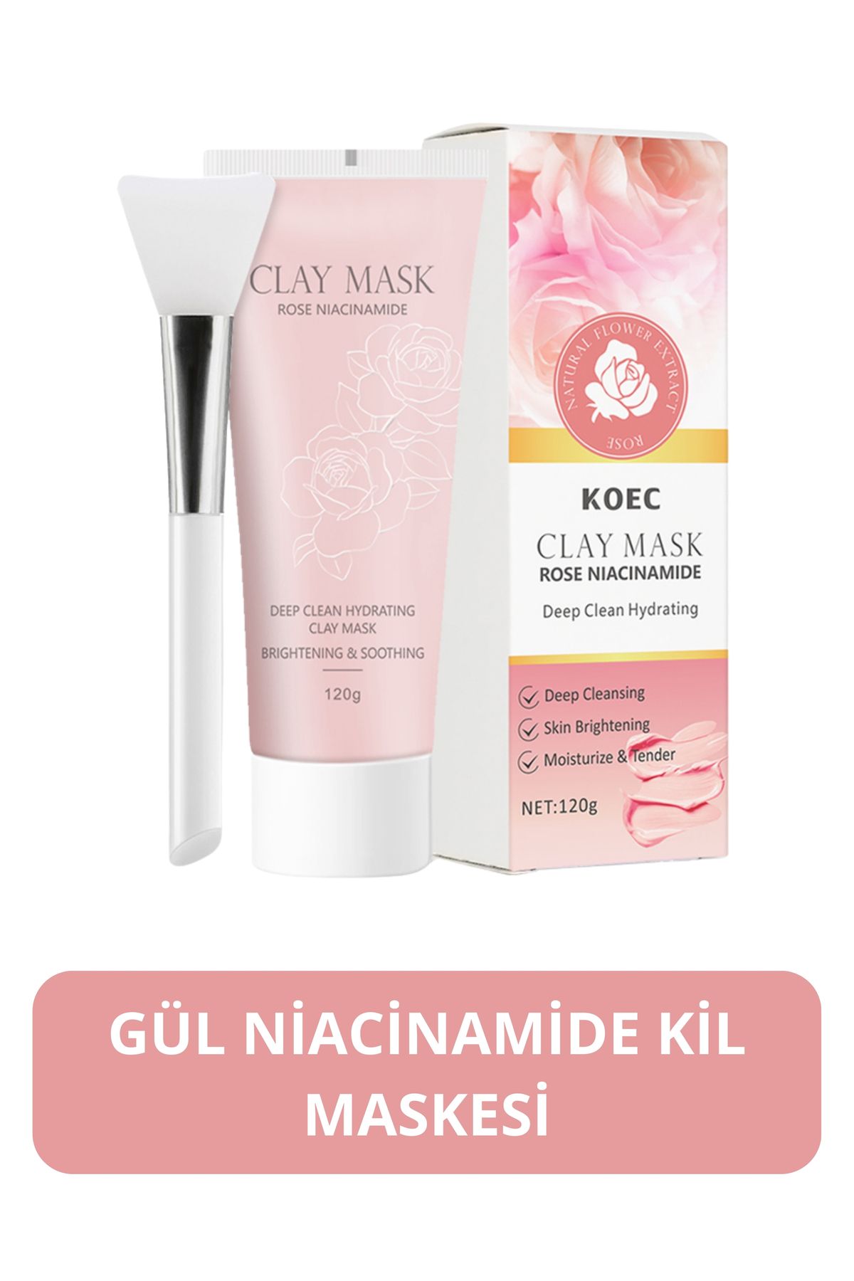 KOEC Kil Yüz Maskesi Derin Temizleme, Cilt Aydınlatma ve Nemlendirici Etki Gül Niacinamide 120g