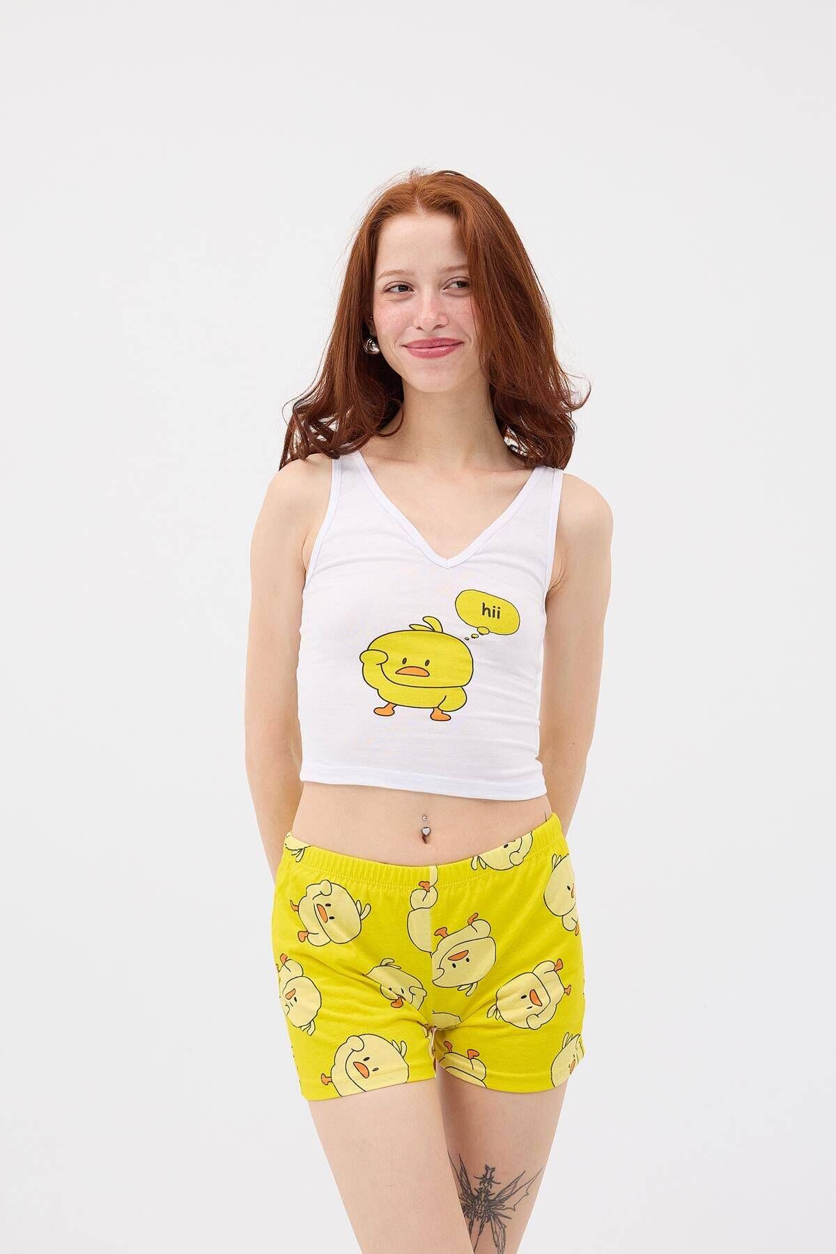 Addax-Chick Printed Pajama Set - with Shorts, Ş070-T5 2