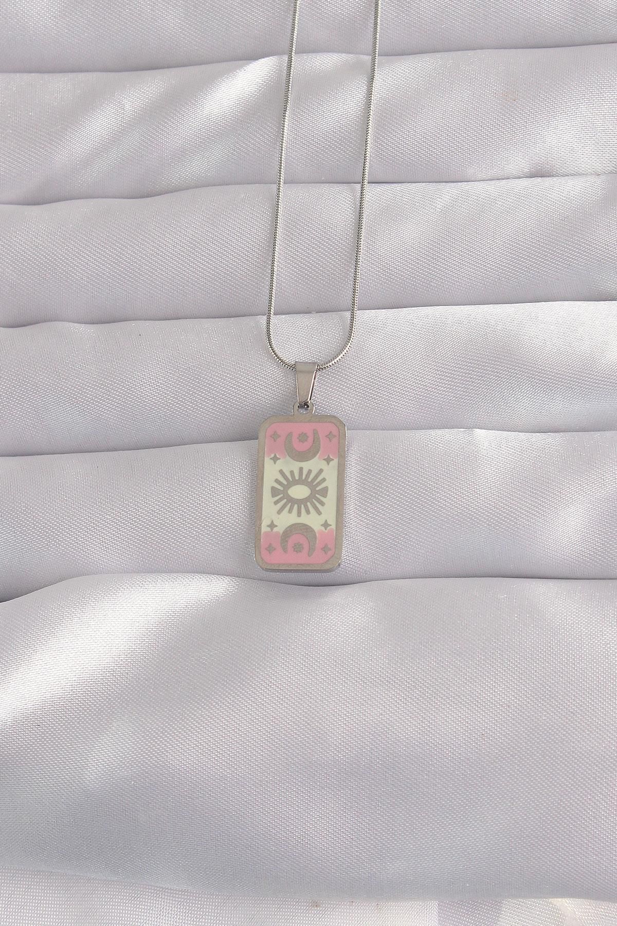 Genel Markalar 316L Çelik Gümüş Renk Pembe Mineli Ay Figür Tarot Kolye