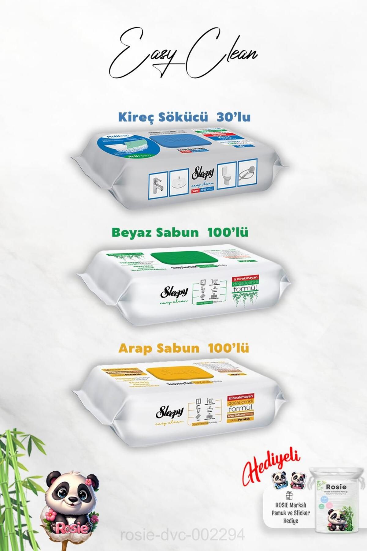 Sleepy Arap ve Beyaz Sabun Katkılı Sleepy 100'lü, Kireç Sökücü 30'lu Temizlik Havlusu ve Rosie Hediye