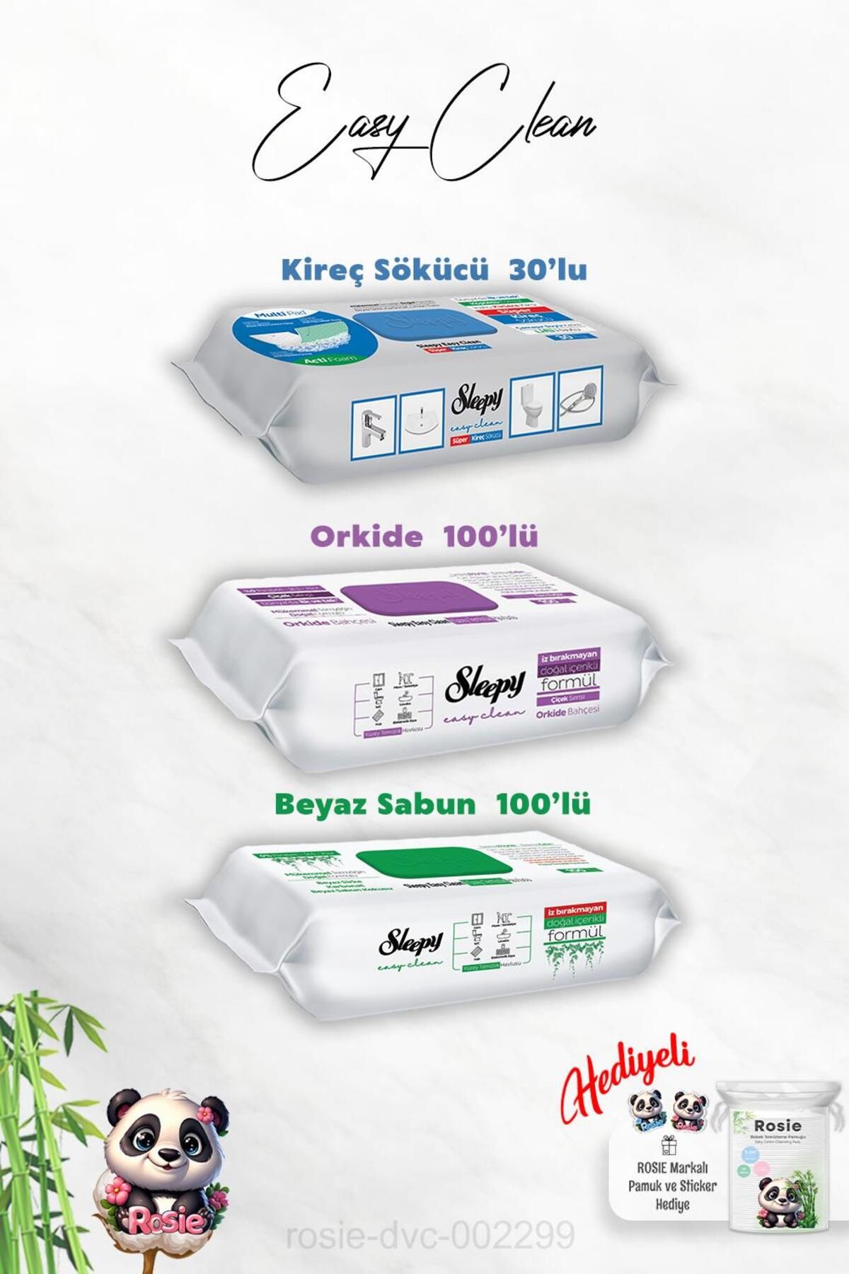Sleepy Orkide ve Beyaz Sabun Katkılı Sleepy 100'lü, Kireç Sökücü 30'lu Temizlik Havlusu ve Rosie Hediye