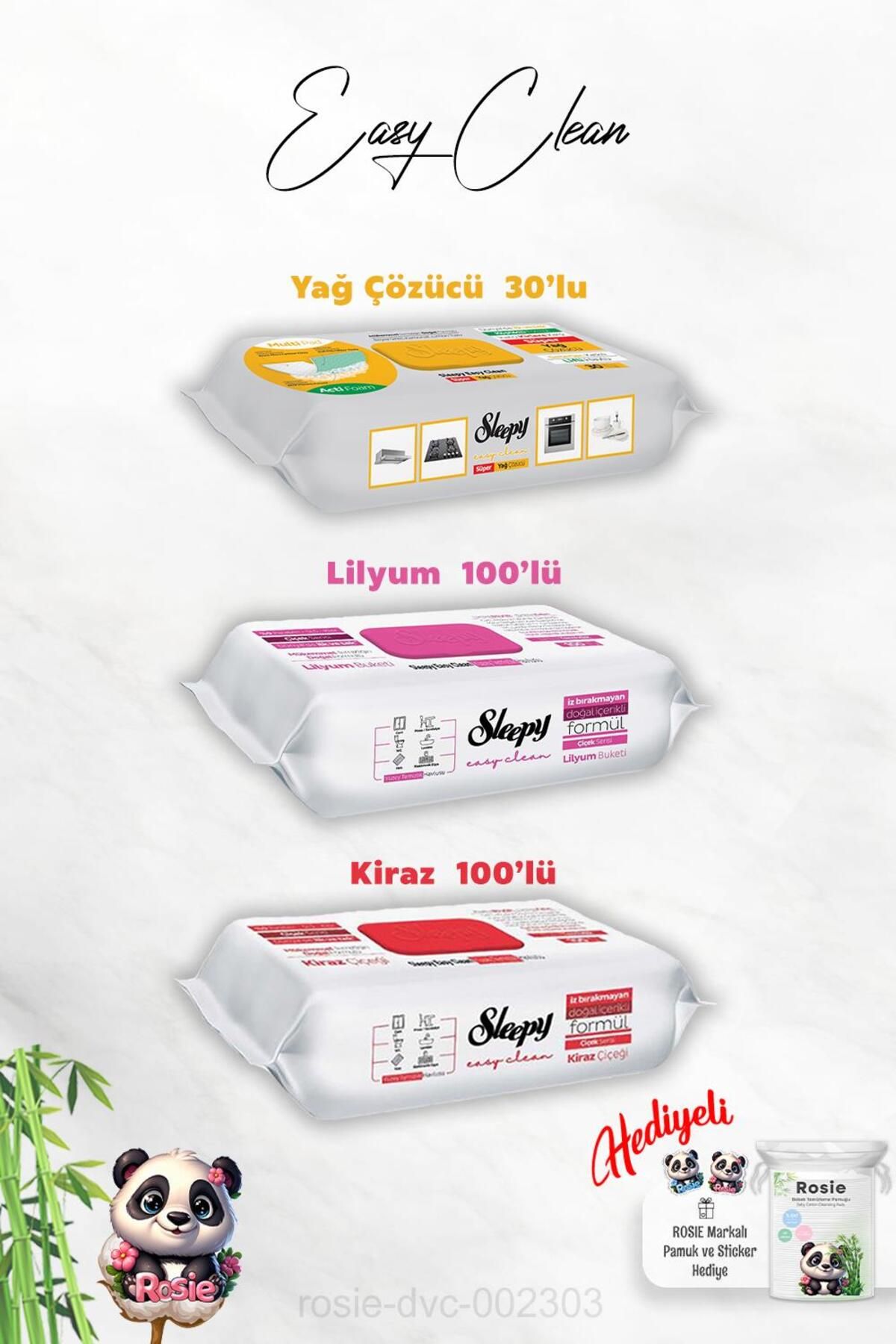 Sleepy Kiraz ve Lilyum Katkılı 100'lü, Yağ Çözücü 30'lu Temizlik Havlusu ve Rosie Hediye