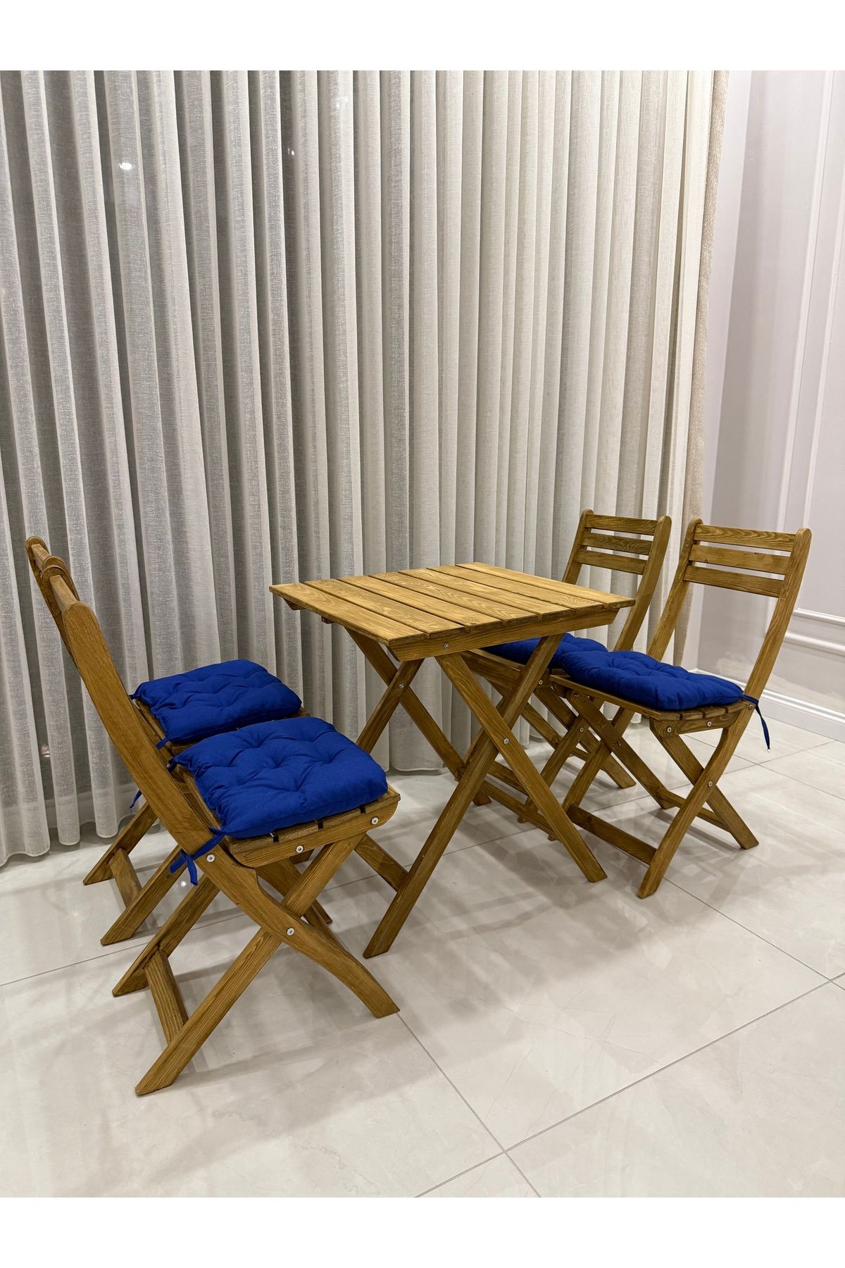 Ahşap Bidmart Katlanabilir Masa ve Katlanabilir Sandalye Takımı, 4+1 Bistro Set ( Oturak  Minderli)