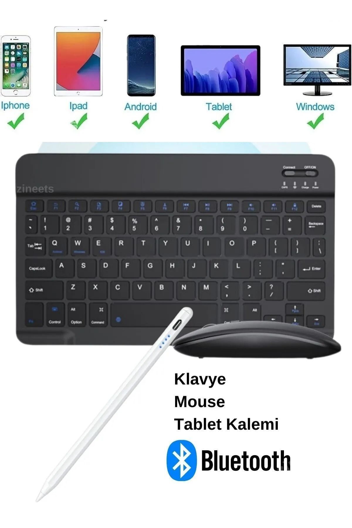 Zineets 3in1 Kablosuz Şarjlı Bluetooth Klavye Mouse Ve Kalem Seti Ultra Slim Tablet Telefon Windows Uyumlu