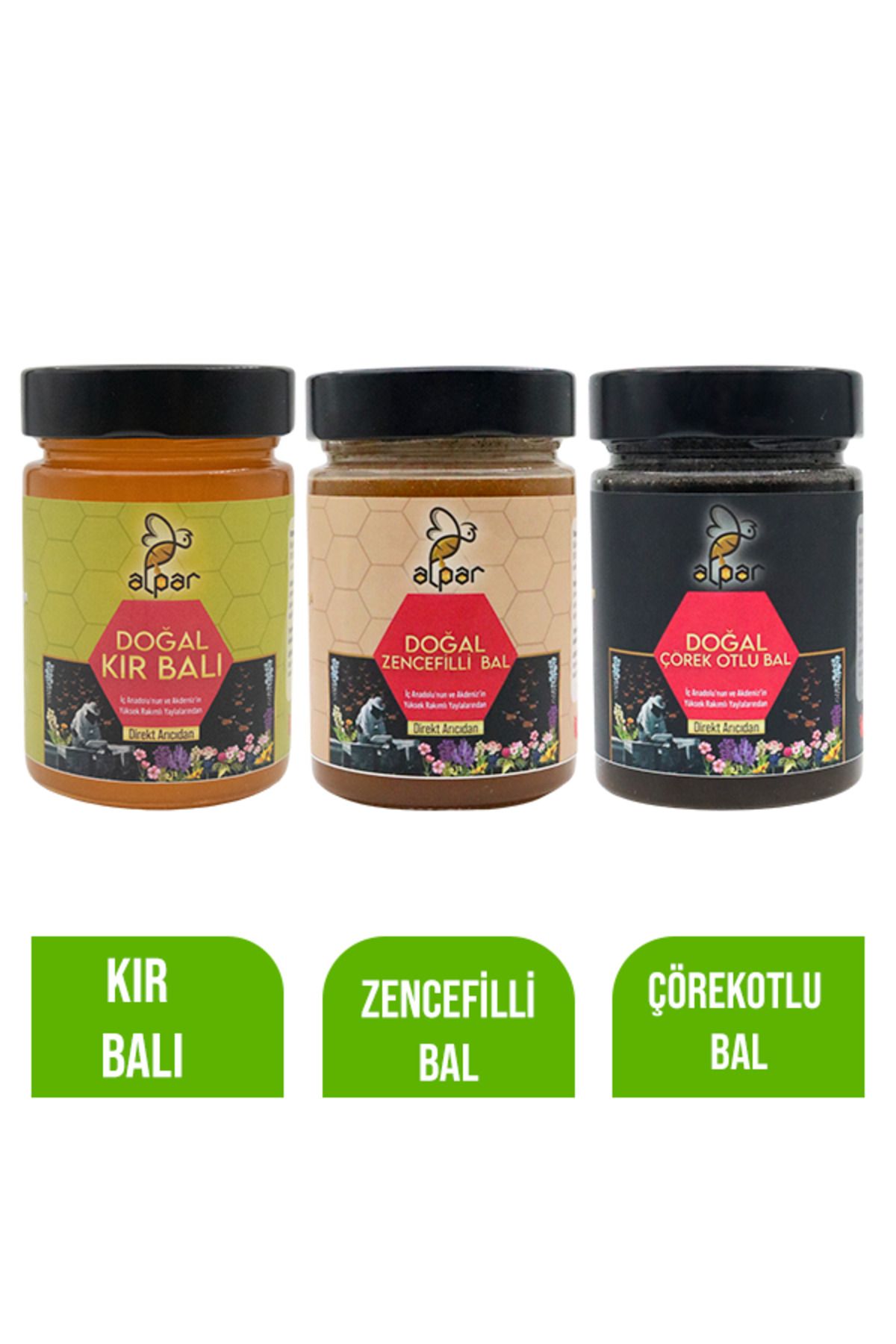 ALPARBALL Alpar Bal Doğal Kır Balı -Zencefilli Bal- Çörekotlu Bal 450g x 3 adet