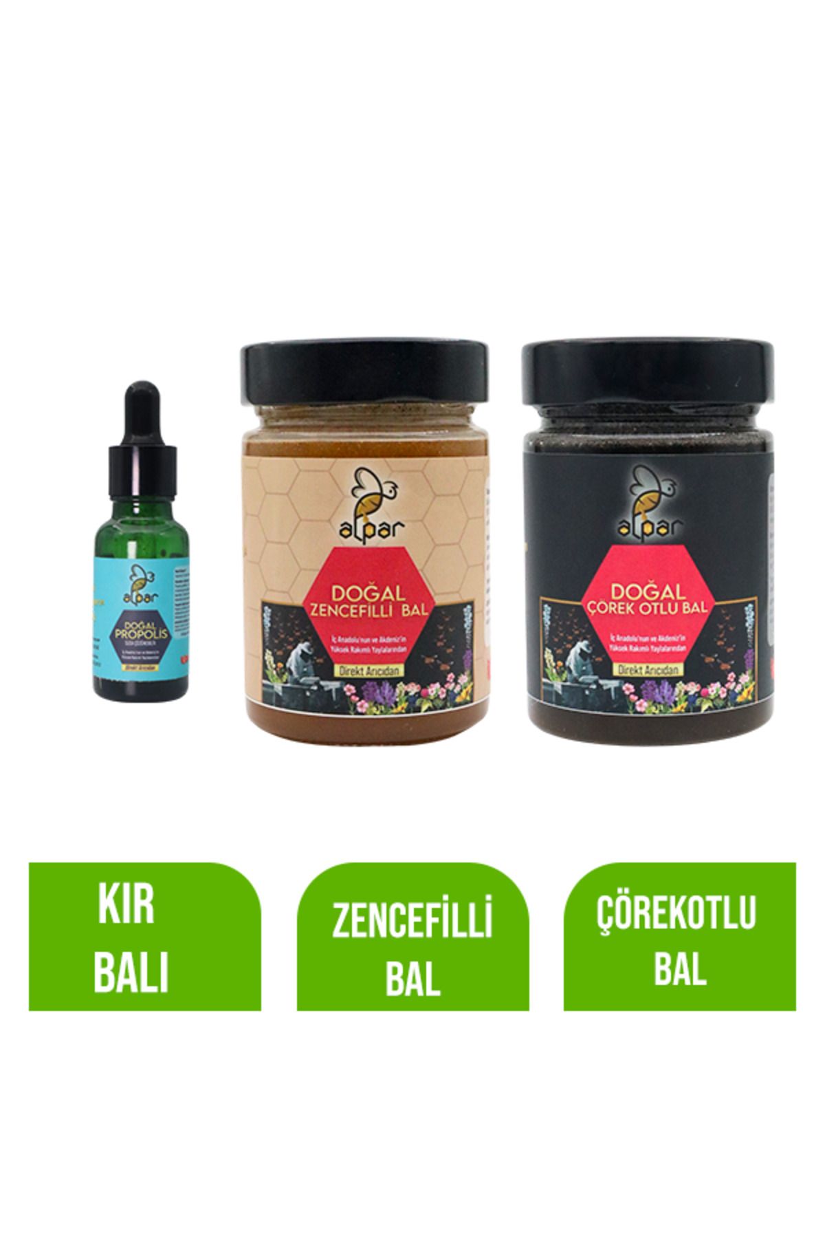 ALPARBALL Alpar Bal Doğal Propolis 20cc - Çörekotlu Bal - Zencefilli Bal 450gr