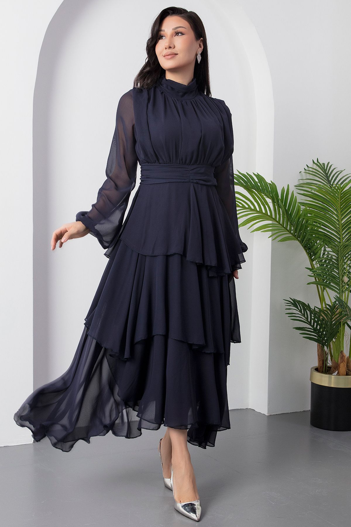 PULLIMM-Stand Collar Long Sleeve Flounce Chiffon Dress Dks1010 4