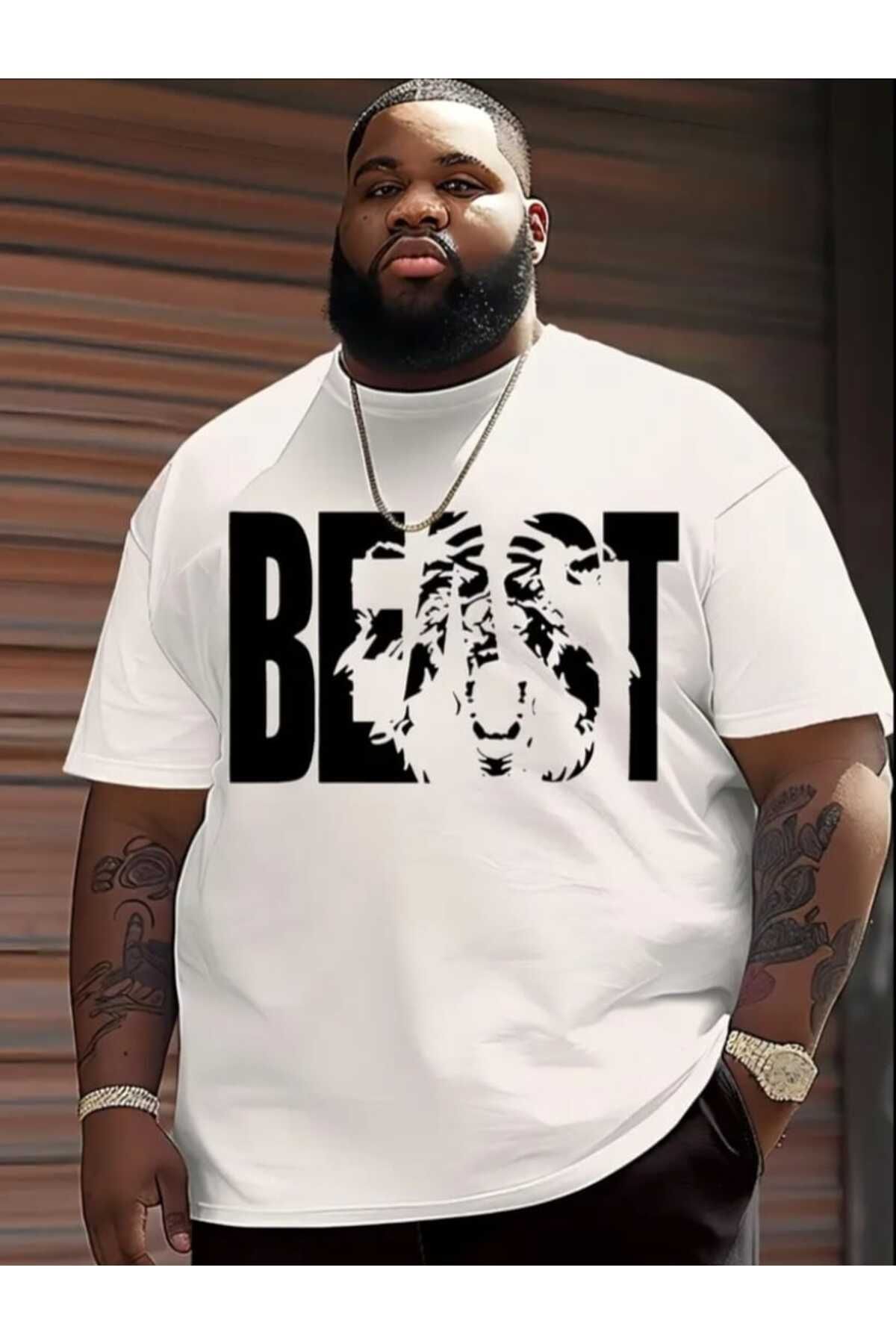 PUNIX BÜYÜK BEDEN BEAST BASKILI ŞIK SPOR  PAMUKLU YUMUŞAK RAHAT KALIP BATTAL T-SHIRT