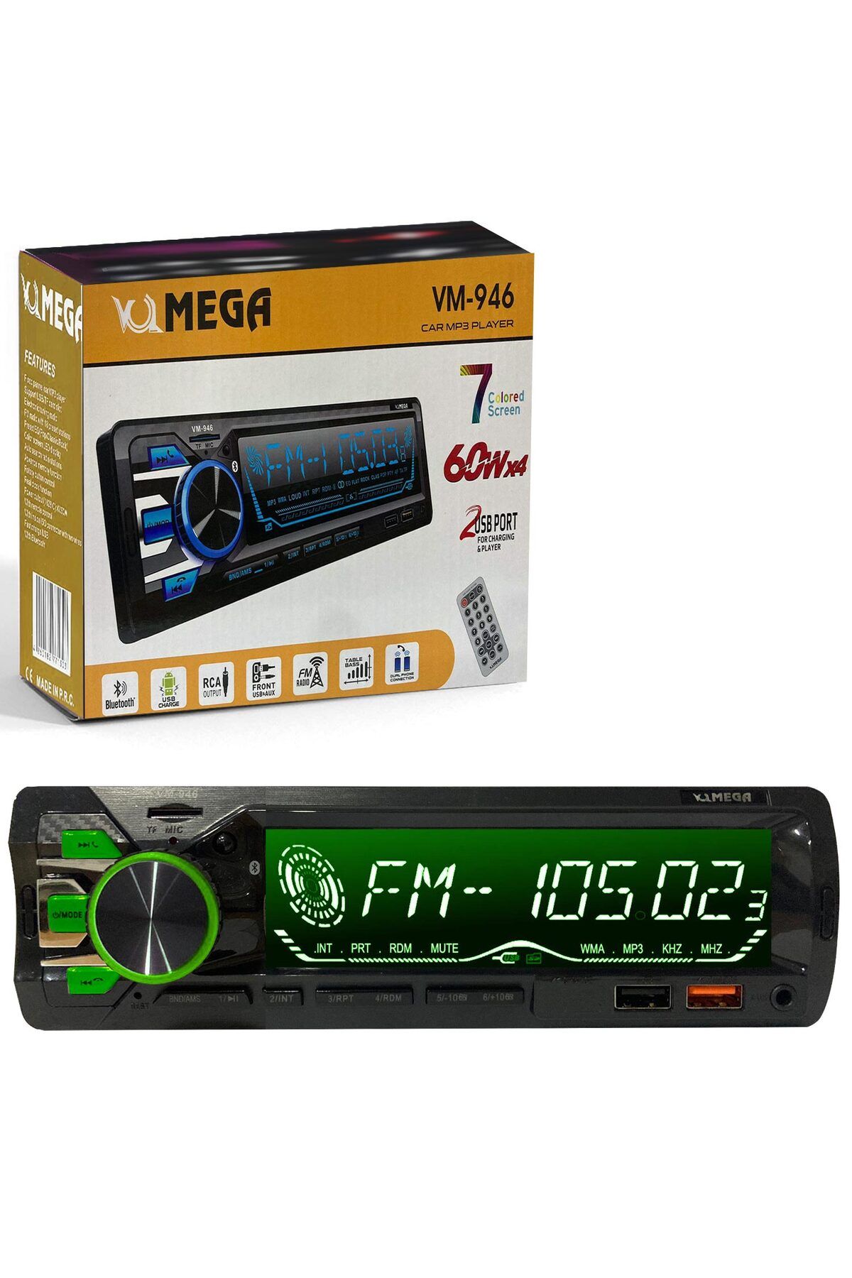 MEGA 4X60 Watt 7 Renkli  Büyük Ekran 2xUsb Sd Fm Aux Bluetooth Oto Teyp MEGA VM-946