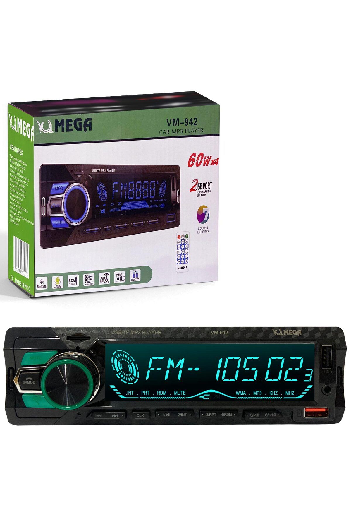 MEGA 4X60 Watt 7 Renkli  Büyük Ekran 2xUsb Sd Fm Aux Bluetooth Oto Teyp MEGA VM-942