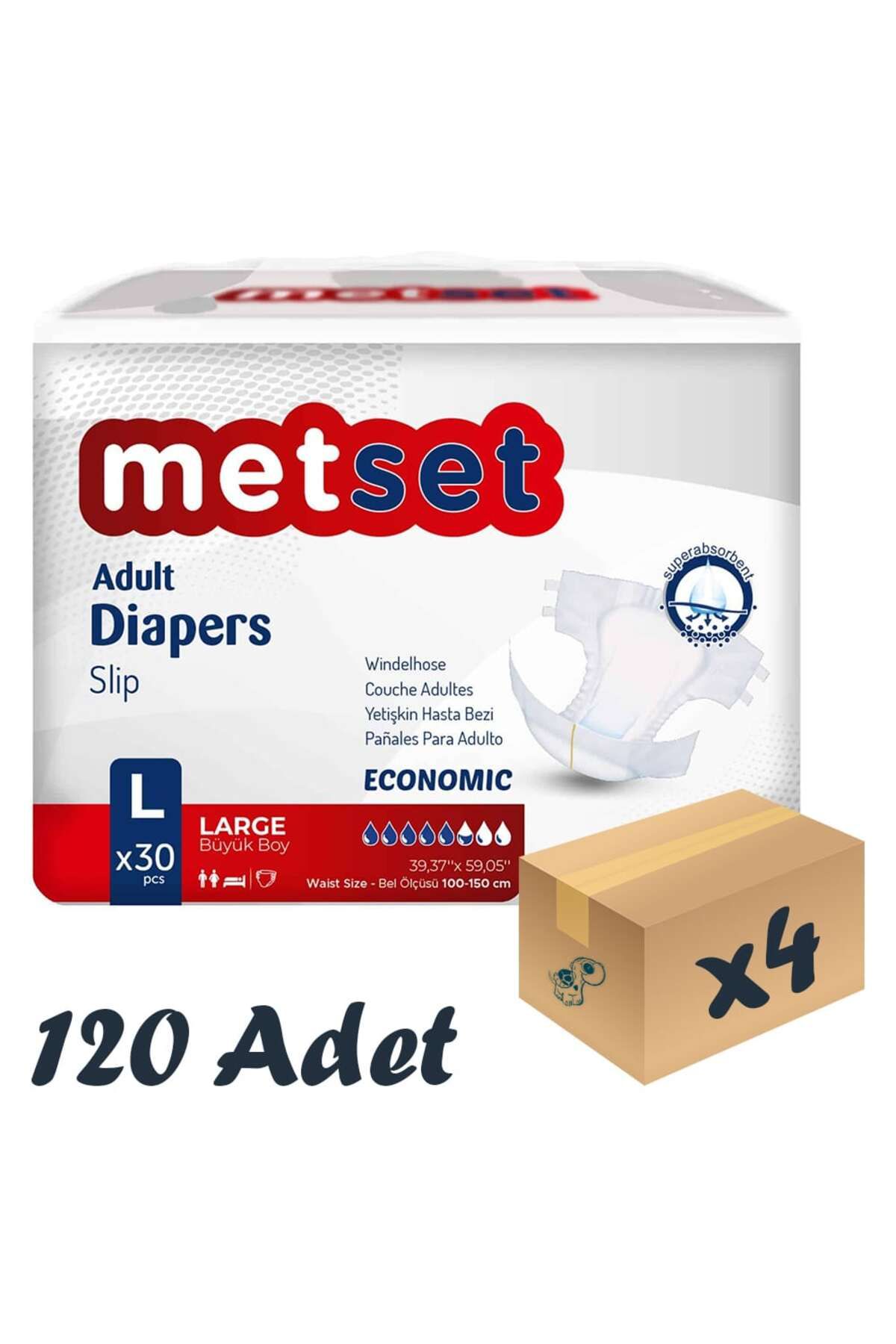 Metset Bel Bantlı Yetişkin Hasta Bezi 5,5 Damla Large Büyük Boy 30'lu 4 Paket 120 Adet