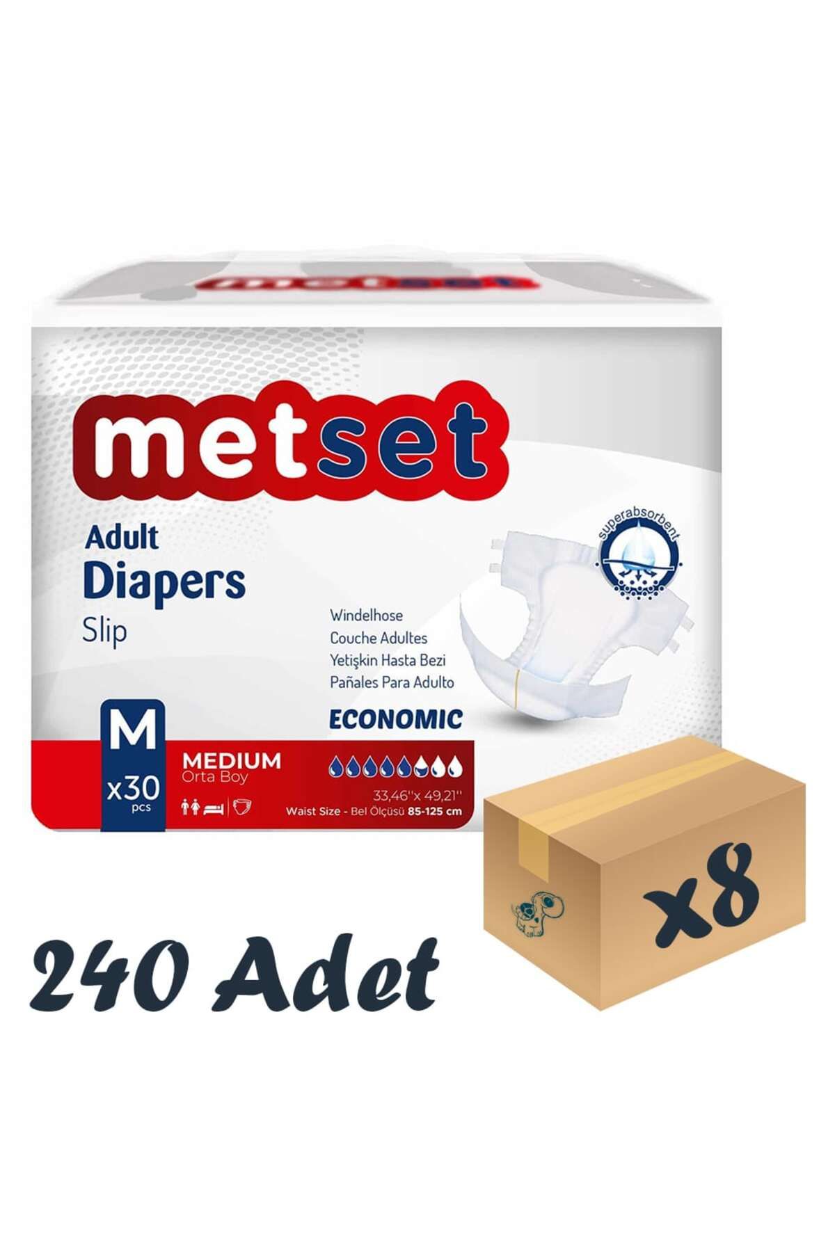 Metset Ekonomik Bel Bantlı Yetişkin Hasta Bezi 5,5 Damla Medium Orta Boy 30'lu 8 Paket 240 Adet